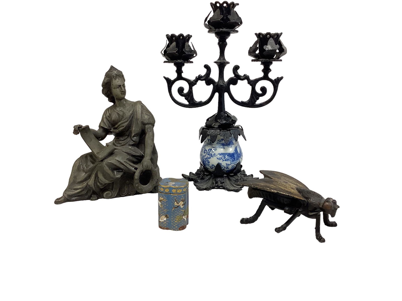 Lot of 4. Small cloisonné box (1.25” 2” H). Antique bronze ashtray “Fly” (1 of 5)