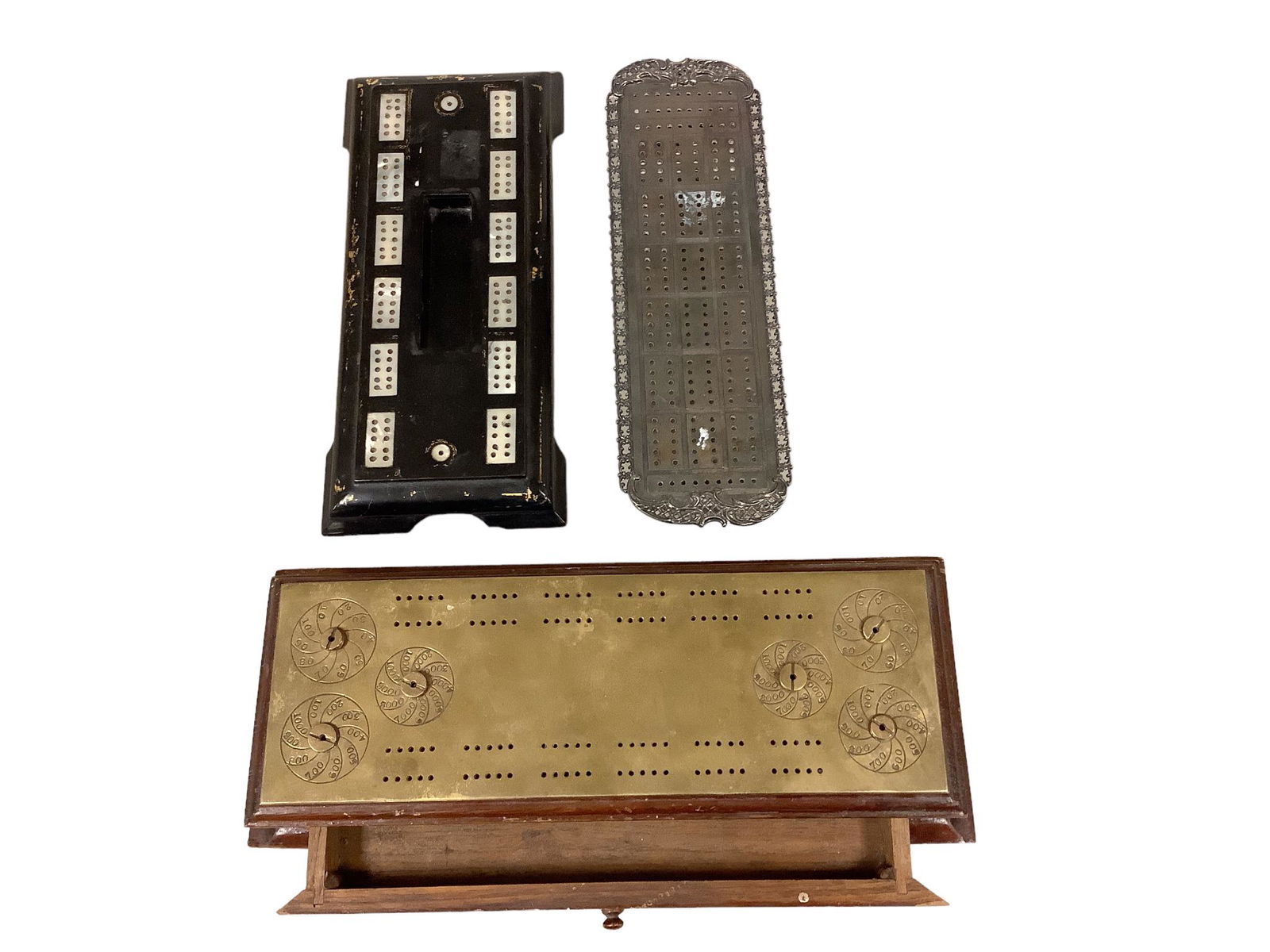 Lot of three vintage cribbage boards, one is metal with a small drawer for pegs,11.5”L, one is (1 of 2)