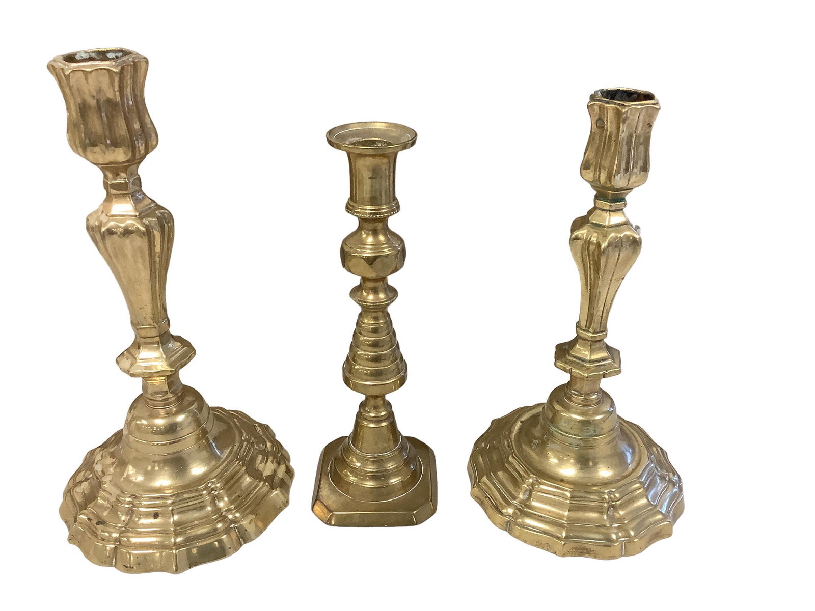Lot of three early push up brass candlesticks, 8.75” - 10.5”h (1 of 1)