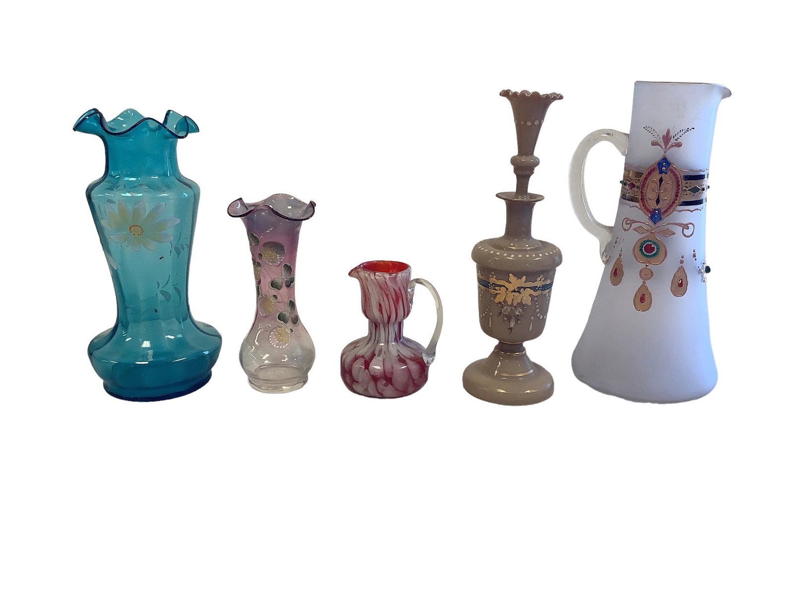 Lot of 5. Frosted glass 11.5” hand painted pitcher. Beige blown glass bottle with stopper (1 of 2)