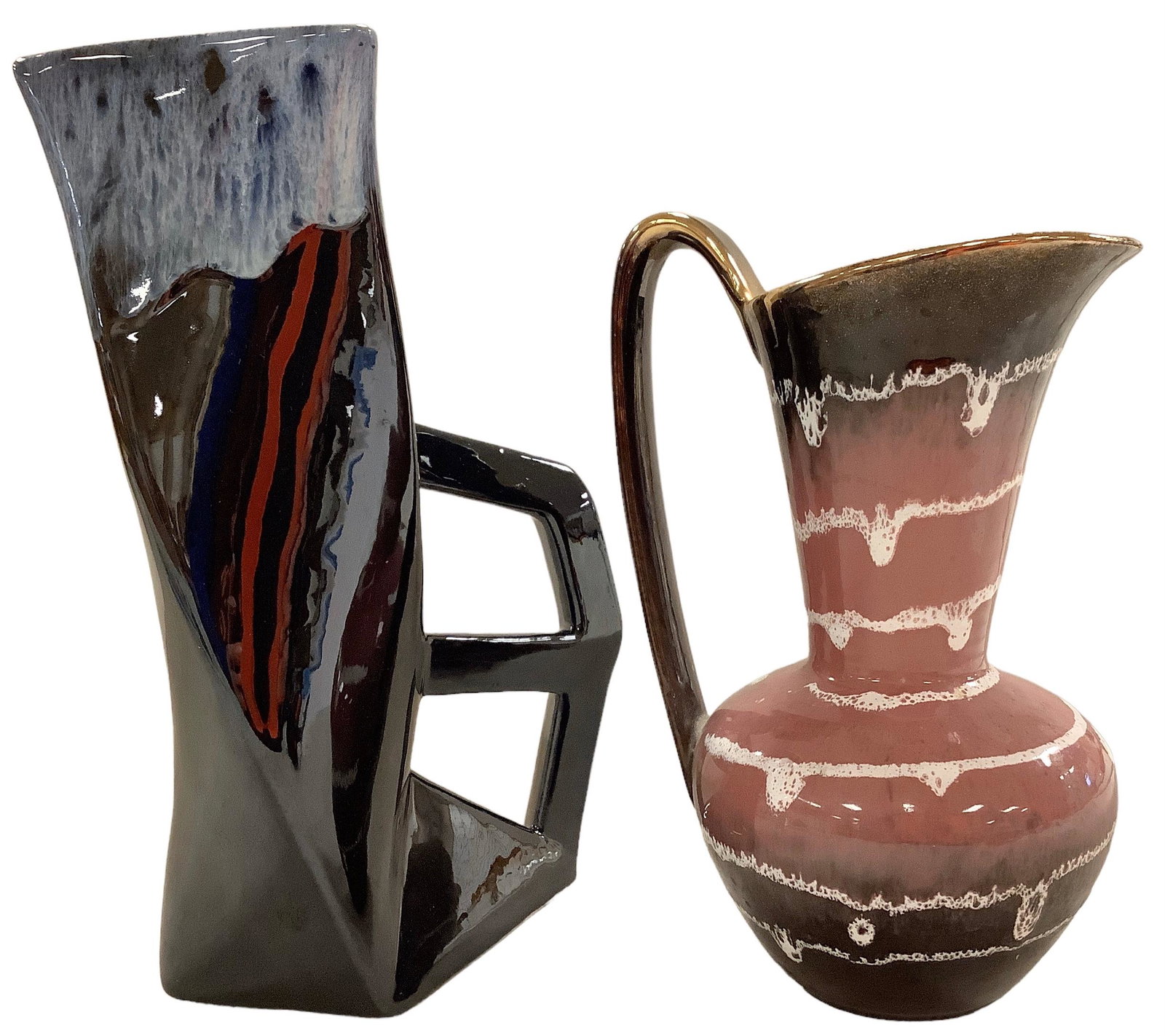 Lot of (2) pitchers including Anna Van Briggle modern cubist style pitcher with white drip glaze on (1 of 4)