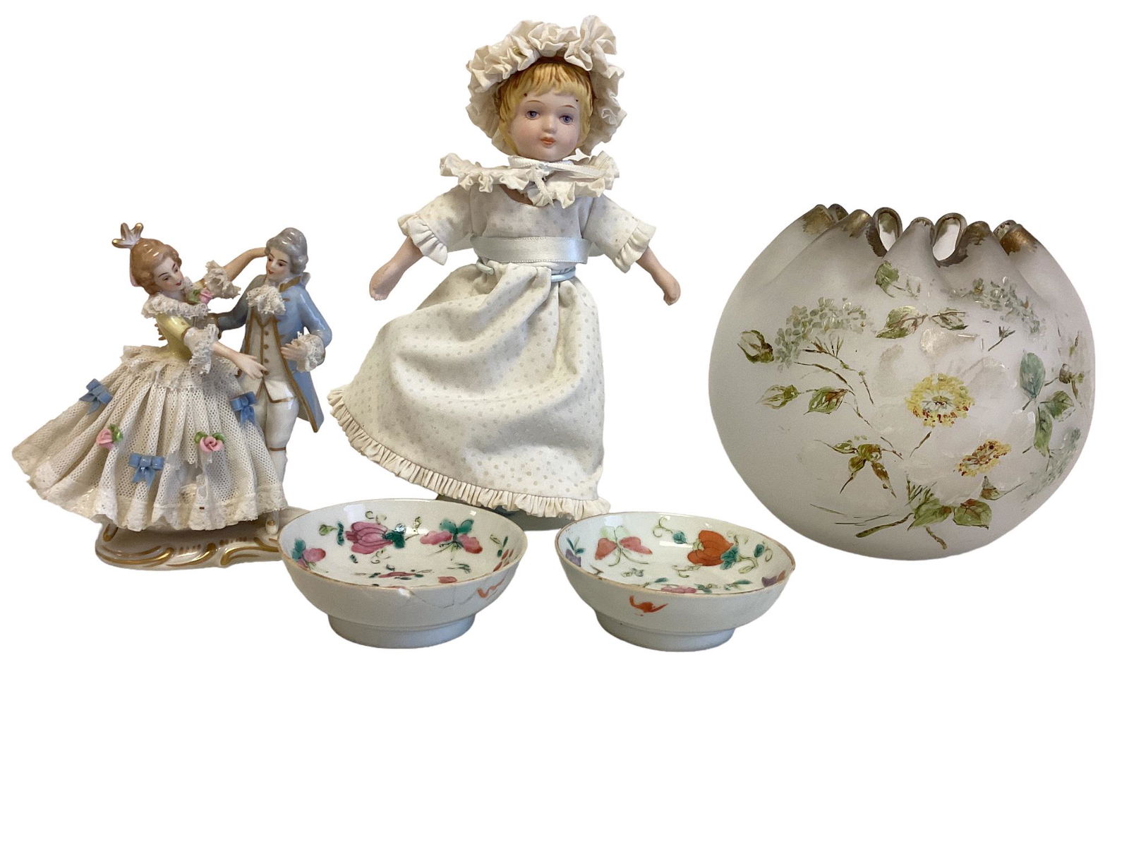 Mixed box lot including a 5” decorative glass vase, 5” porcelain limb doll, 2 small (1 of 1)
