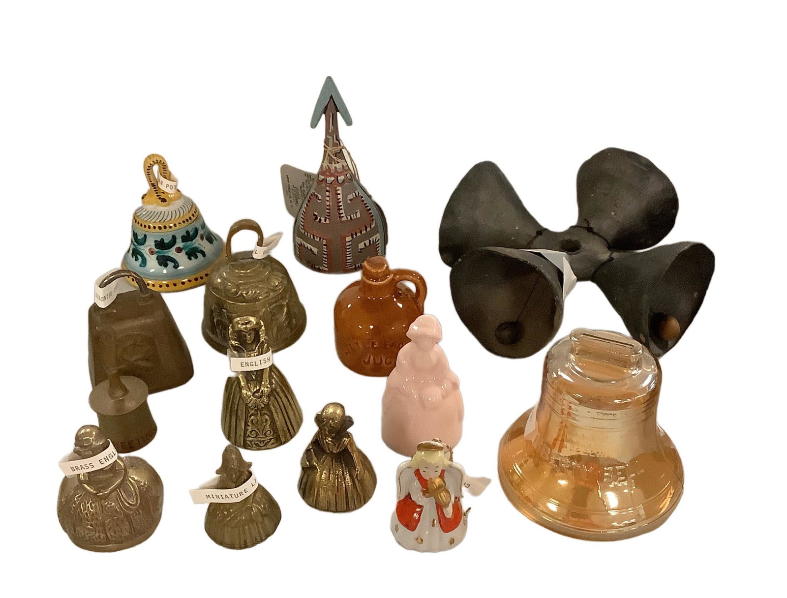 Lot of 14 assorted bells. Unique Mexican Lava doorbell - 6.5 inches. Painted Bali wooden spear bell (1 of 5)