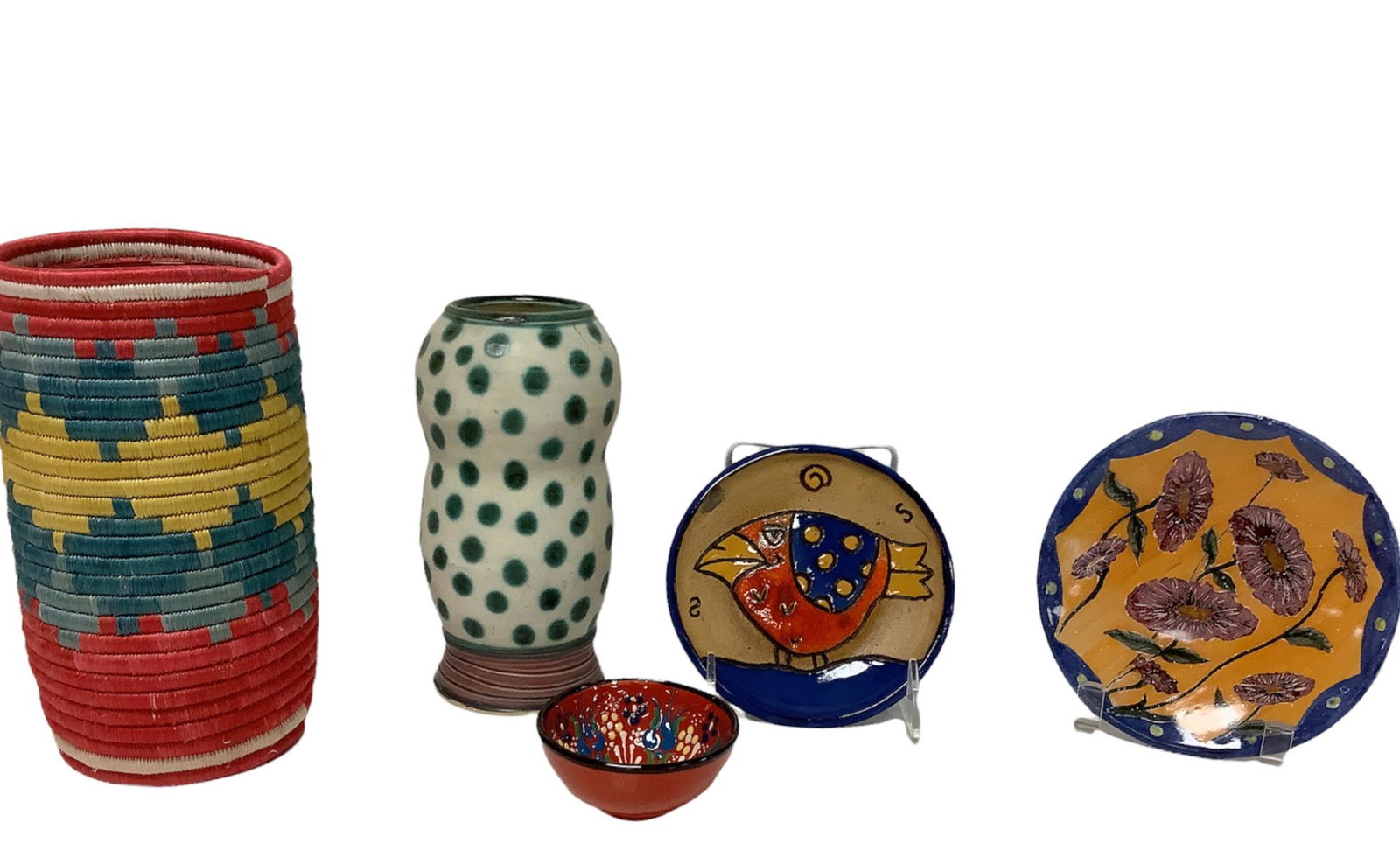 Lot of handmade sisal colorful tall basket made in Rwanda Africa 8.5” tall. Polka dotted (1 of 1)