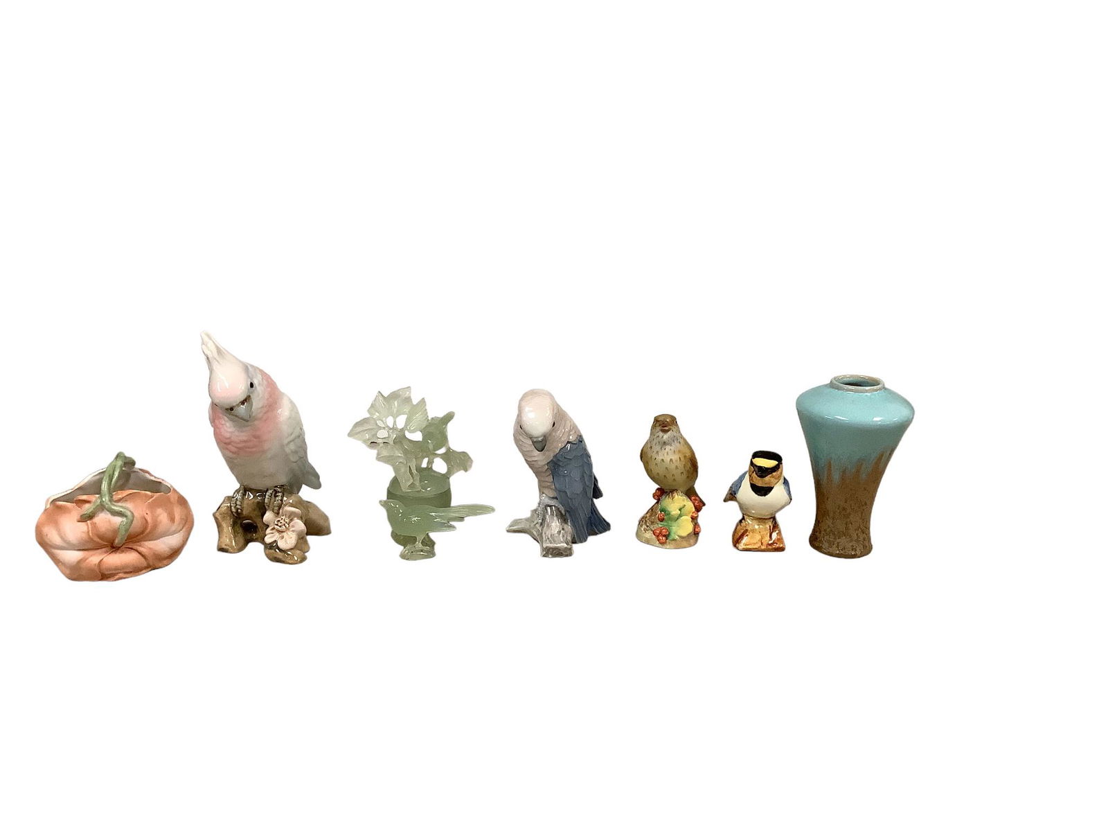 Lot of six pieces of pottery including a Royal Dux porcelain cockatoo, 7”h, a Bing and (1 of 3)