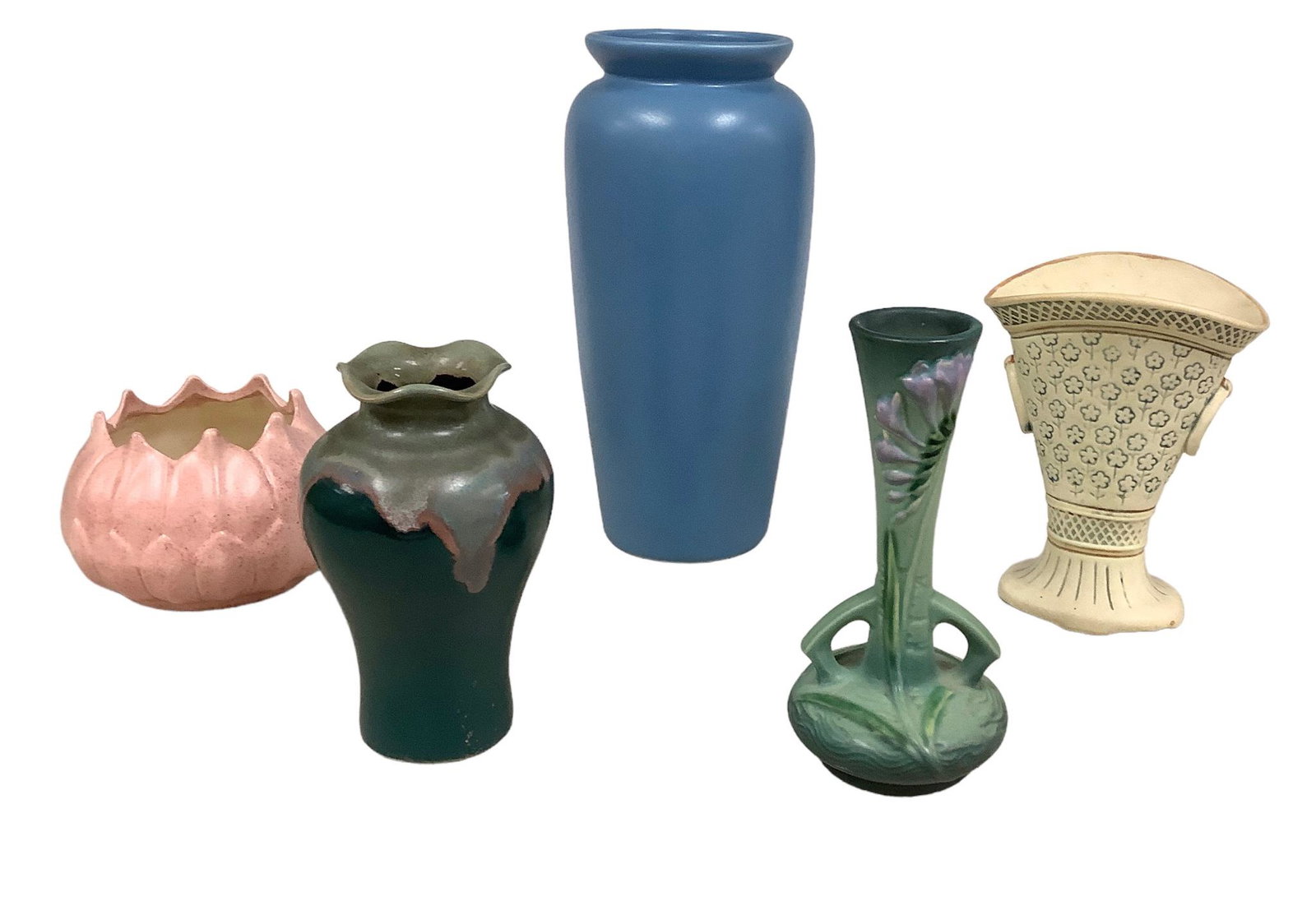 Lot of five pottery vases. Eleven-inch tall blue Harris Pottery of Chicago vase. Seven-inch tall (1 of 3)