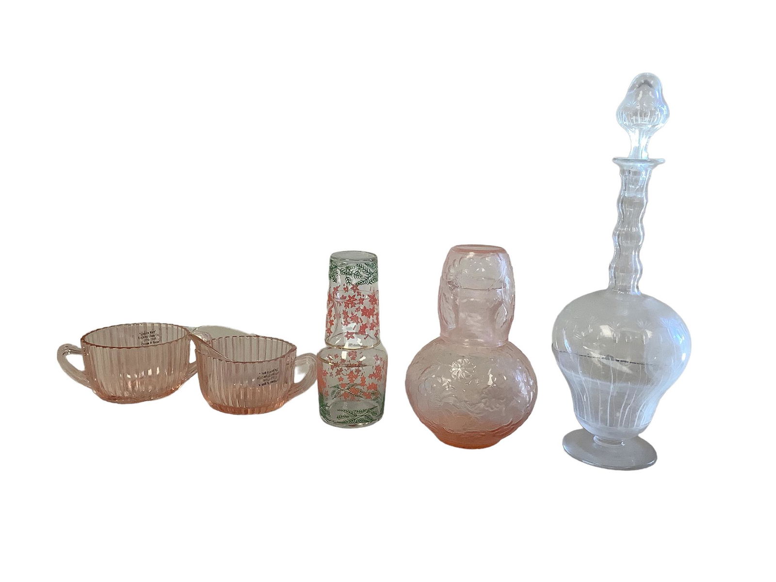 Lot of 7 pieces (including 2 piece sets). Queen Mary Hocking Glass cream and sugar-pink. Pink (1 of 2)