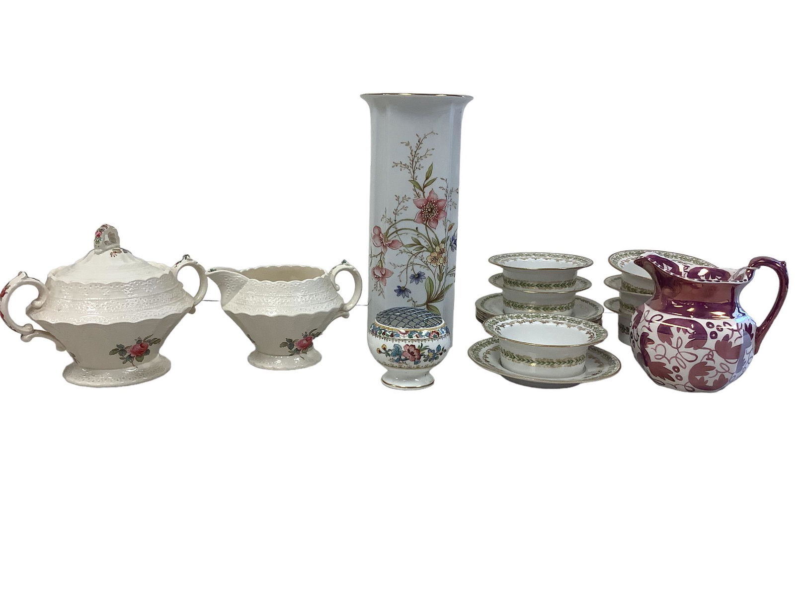 Lot of 16 pieces. Spode’s Jewel cream and sugar set. Sugar bowl 5” with lid-some crazing (1 of 6)