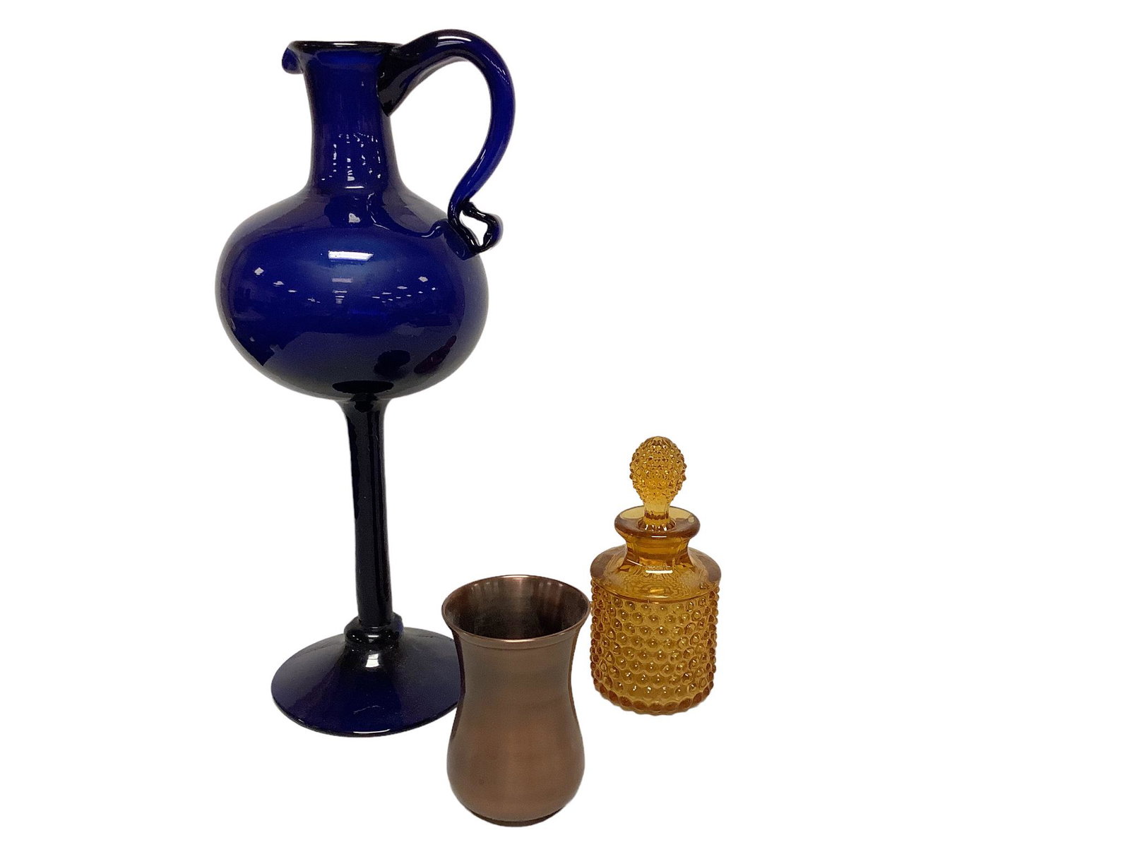 Three (3) piece lot includes tall cobalt pitcher @ approx 15 1/2” w/some rough spots on glass, (1 of 1)