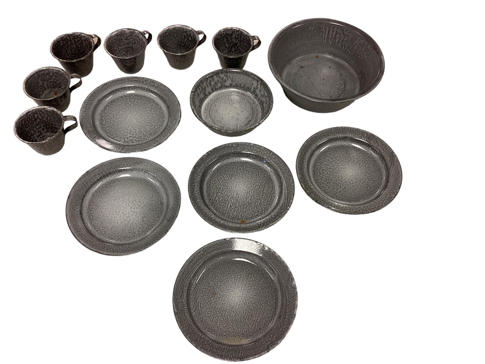 Lot of 13 pieces of vintage gray enamel ware including 8” plates, cups, a 6 3/4” bowl (1 of 2)