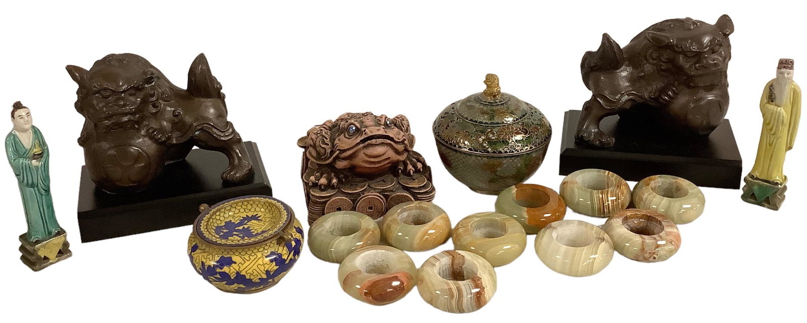 Lot of Asian inspired items including (10) jade napkin rings, foo dog book ends 6”x6” (1 of 1)
