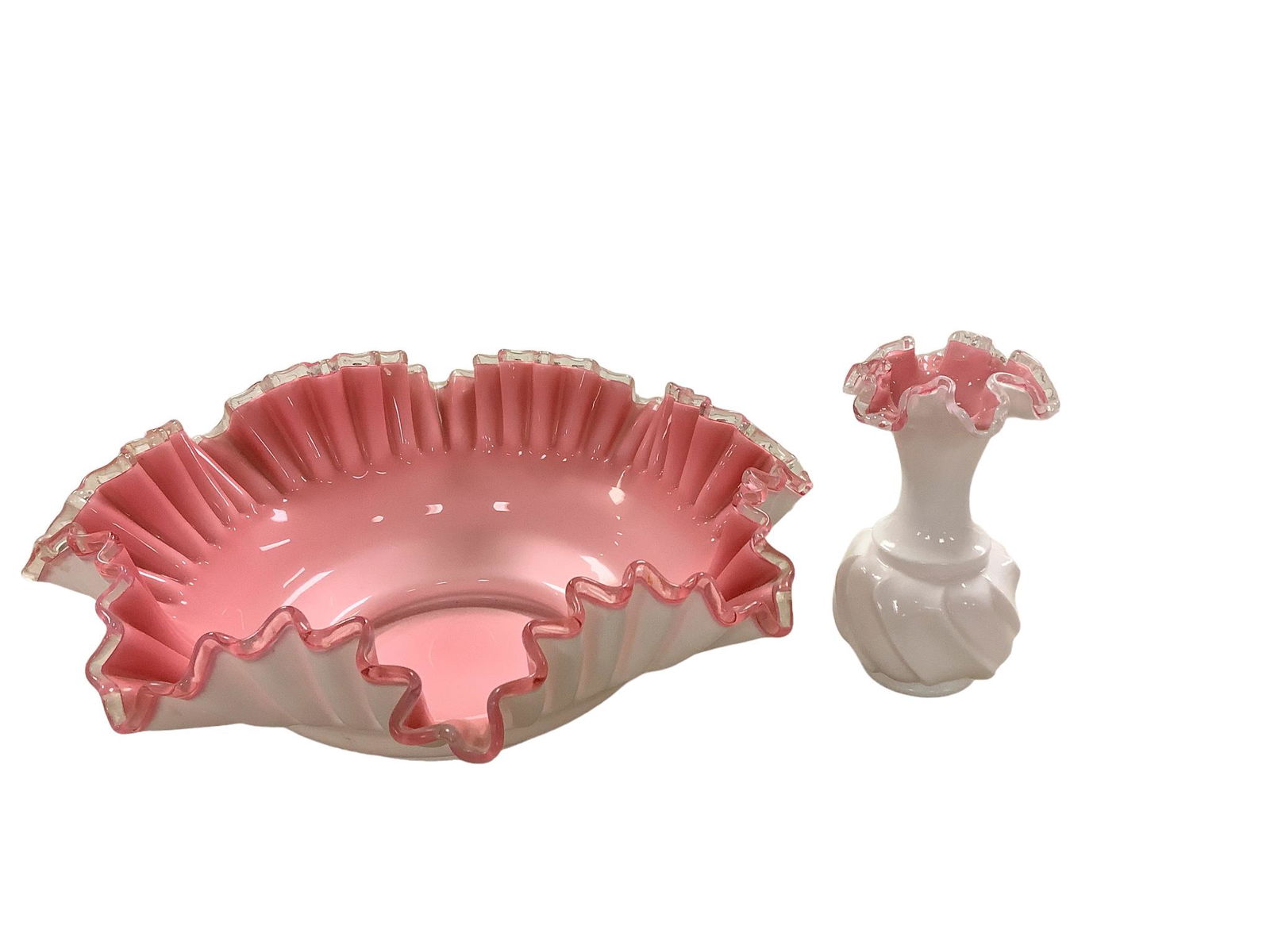 Lot of Fenton including a pink and white ruffled bowl with clear edge, 4.5”h x 13” (1 of 1)