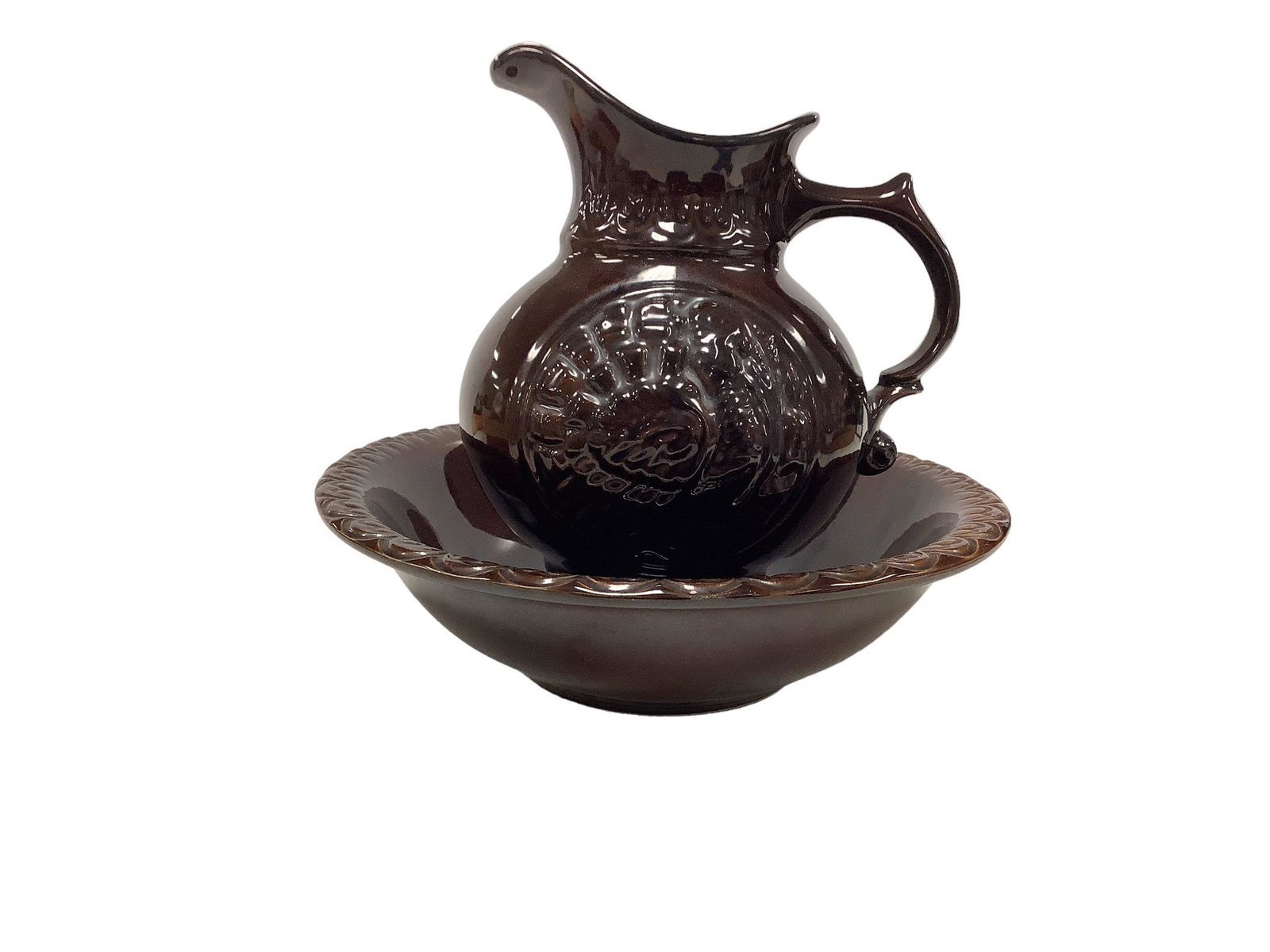 Vintage McCoy pottery wash pitcher and basin. Pitcher 10” H at spout. Basin 12” D. Some (1 of 2)