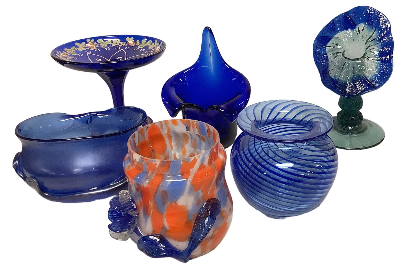 Collection of 6 blue art-glass pieces including a Jack-in-the-Pulpit vase @ 8” tall, a blue (1 of 2)