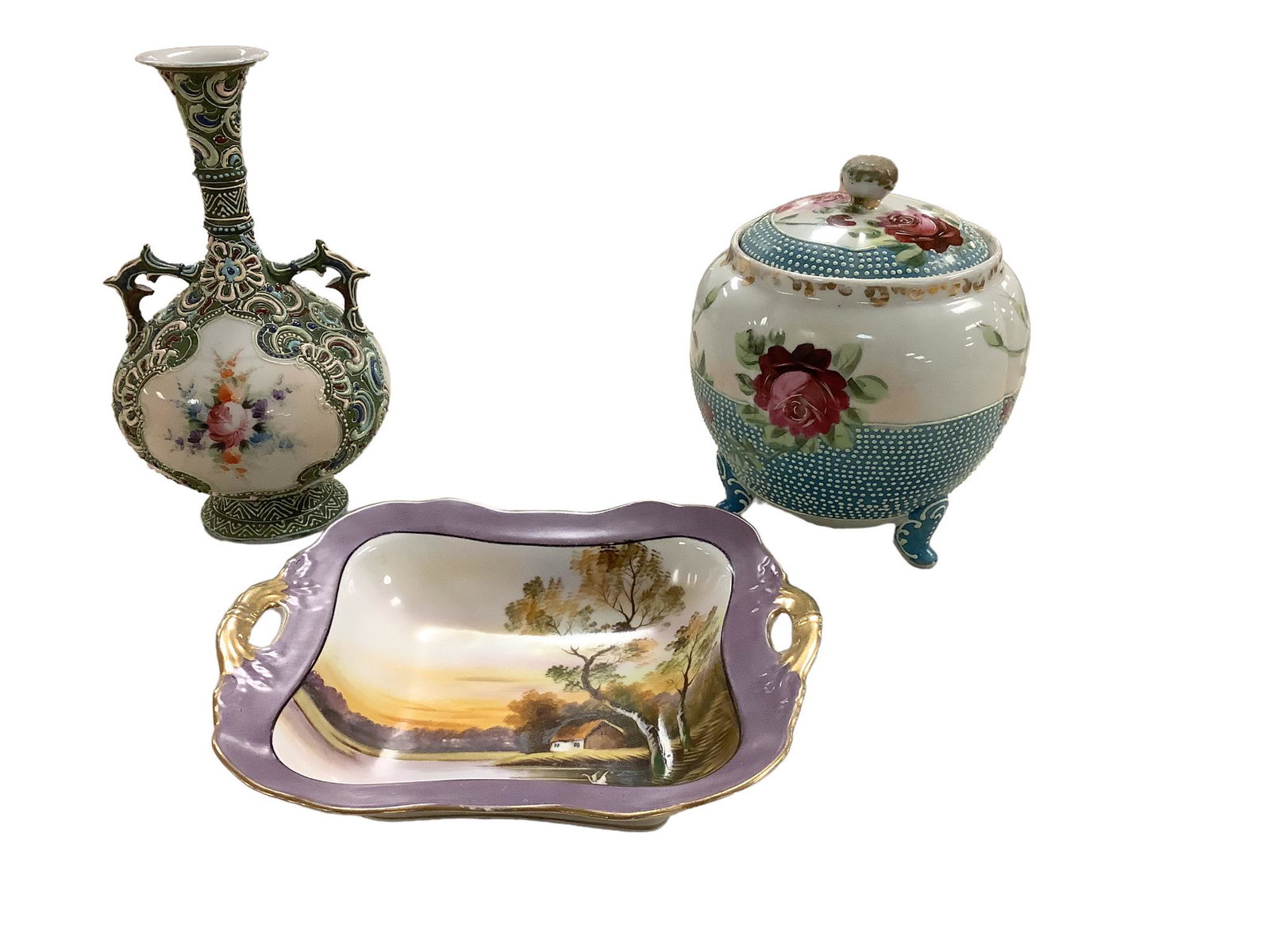 Lot of 3 Nippon china pieces including 3 footed moriage biscuit jar, 9” moriage vase and an (1 of 1)