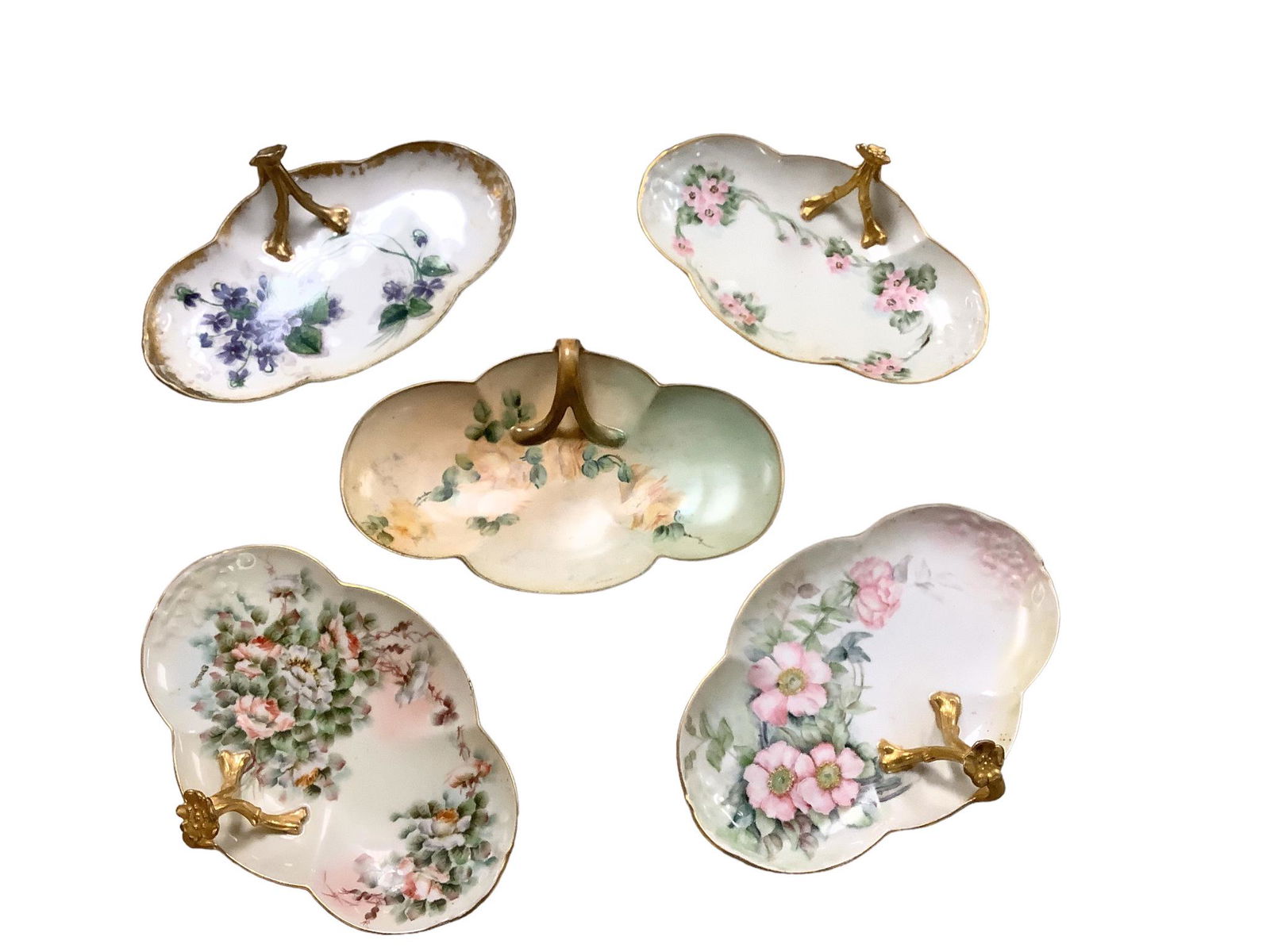 Lot of 5 center gold handled narrow serving trays hand painted Limoges. Trays measure between (1 of 1)