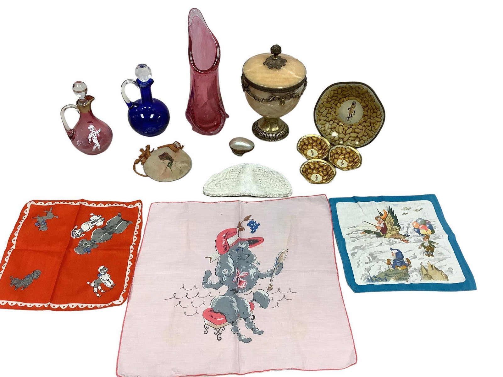 Lot of 14 pieces. Set of 3 handkerchiefs 8.5” and 14”. Vintage beaded small purse. Round (1 of 4)