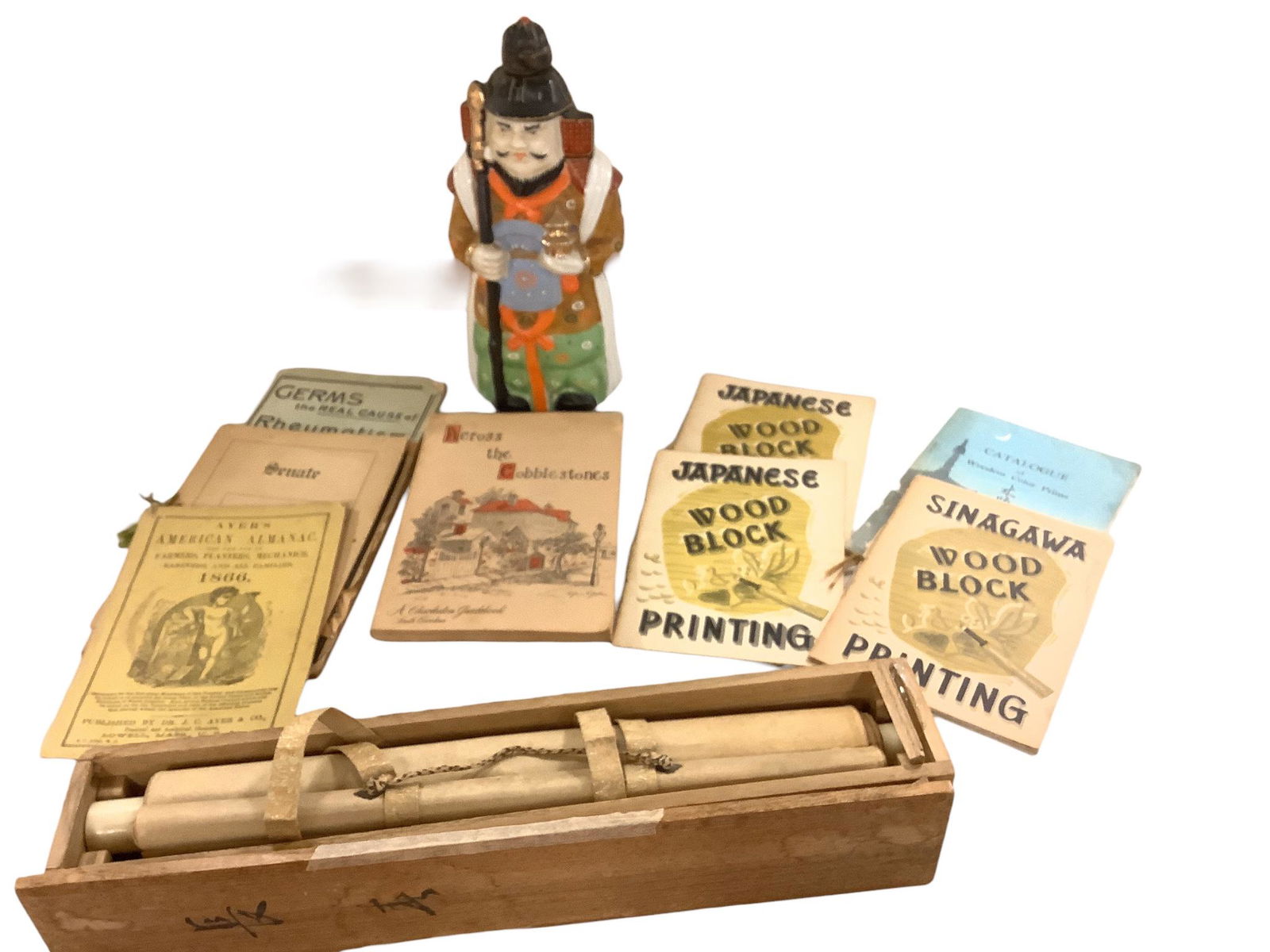 Lot of 8 booklet some Japanese wood block American Almanac from 1866 ect. Asian scroll box . (1 of 3)