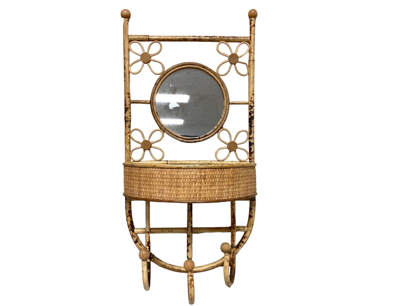 Vintage bamboo wall basket with mirror and hooks, 26.75”h (1 of 1)