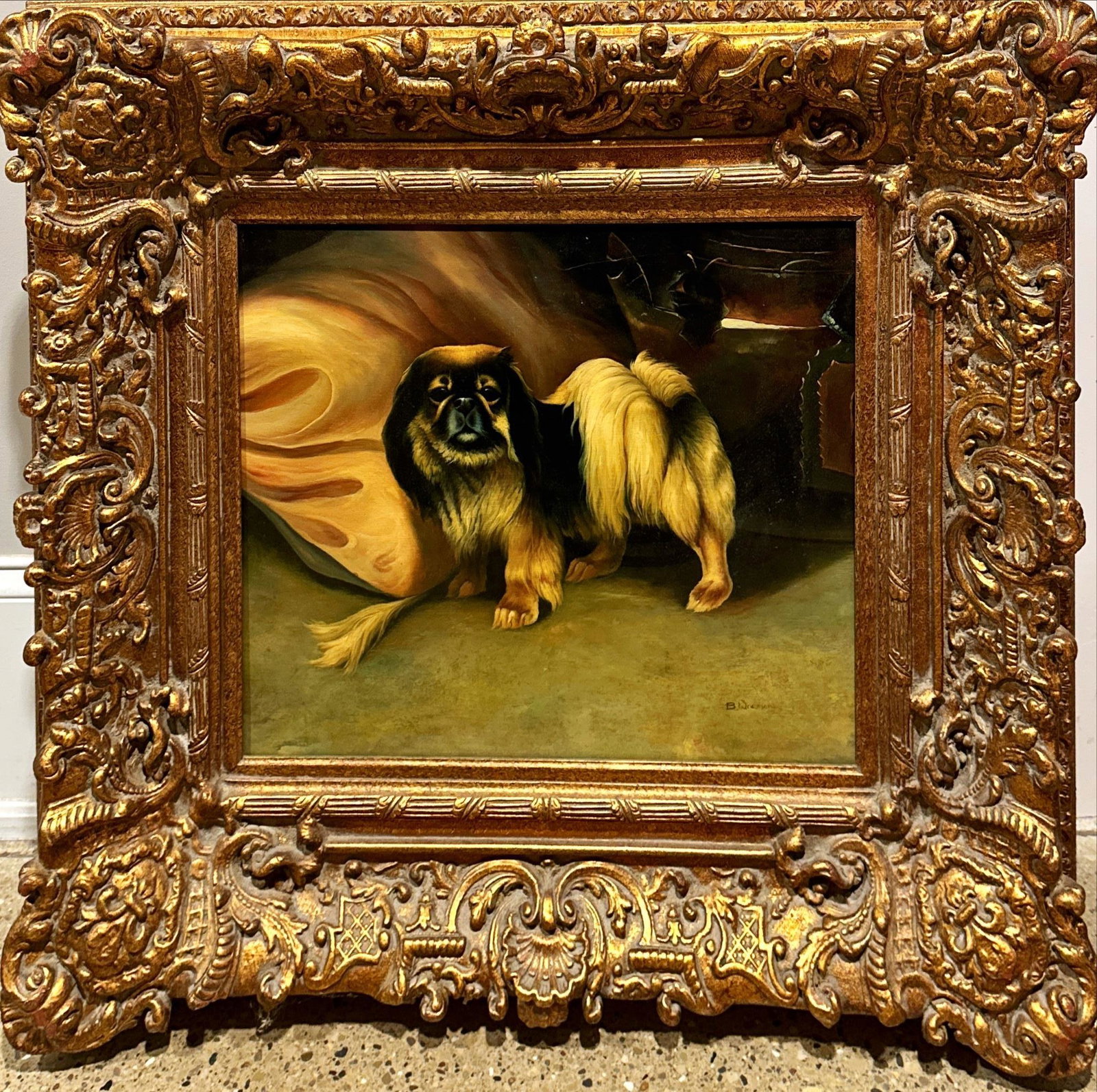 Oil on canvas, dog on pillow. Signed lower right. 39” x 35”: Oil on canvas, dog on pillow. Signed lower right. 39” x 35”