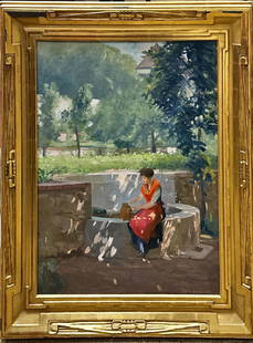 Attributed to Karl Anderson oil on canvas, Woman at Well. 29.5” x 36.5”. Signed lower: Attributed to Karl Anderson oil on canvas, Woman at Well. 29.5” x 36.5”. Signed lower right. Some damage to gold on frame.