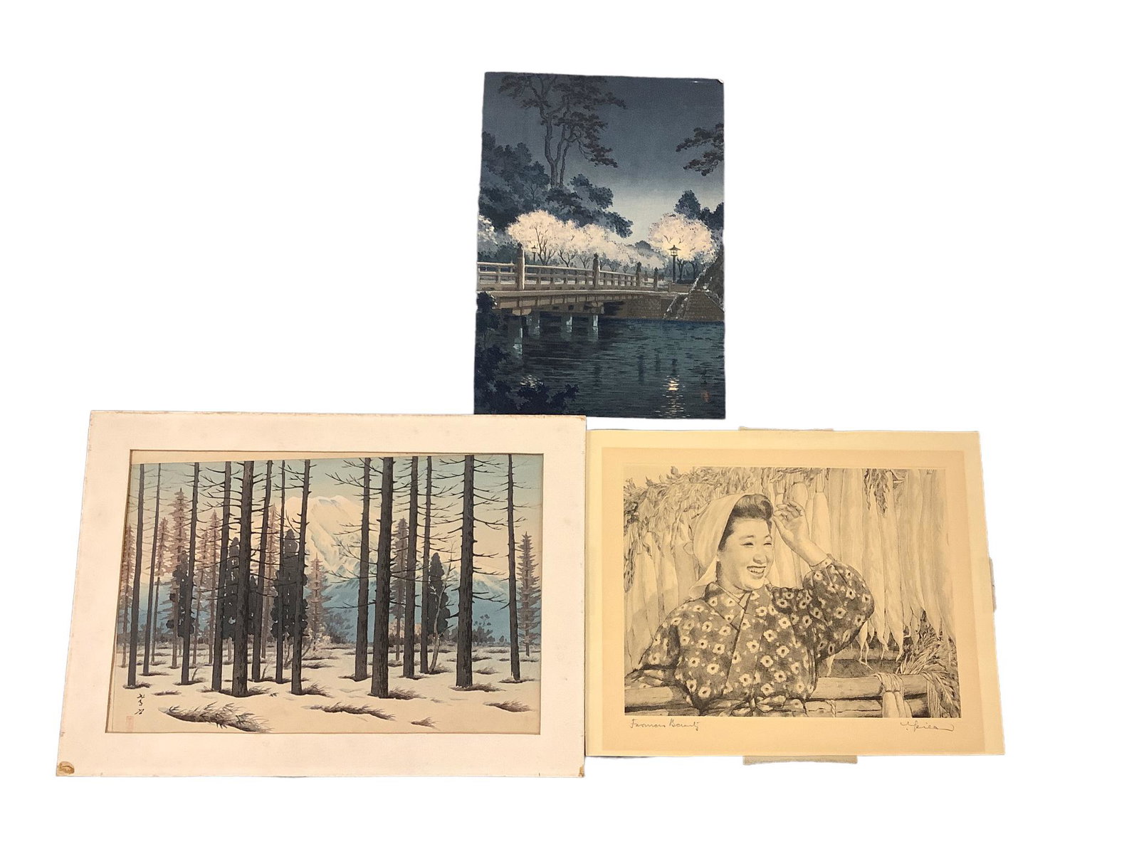 (3) Japanese including Pine Forest (17” x 12”), Lady smiling with hair print (14”: (3) Japanese including Pine Forest (17” x 12”), Lady smiling with hair print (14” x 11”), and Night Bridge (9” x 13”).