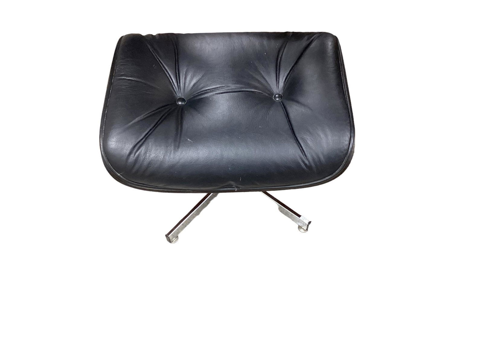 Selig Mid century ottoman with black upholstery. It is 21” x 17” x 15” to the top: Selig Mid century ottoman with black upholstery. It is 21” x 17” x 15” to the top of the seat.