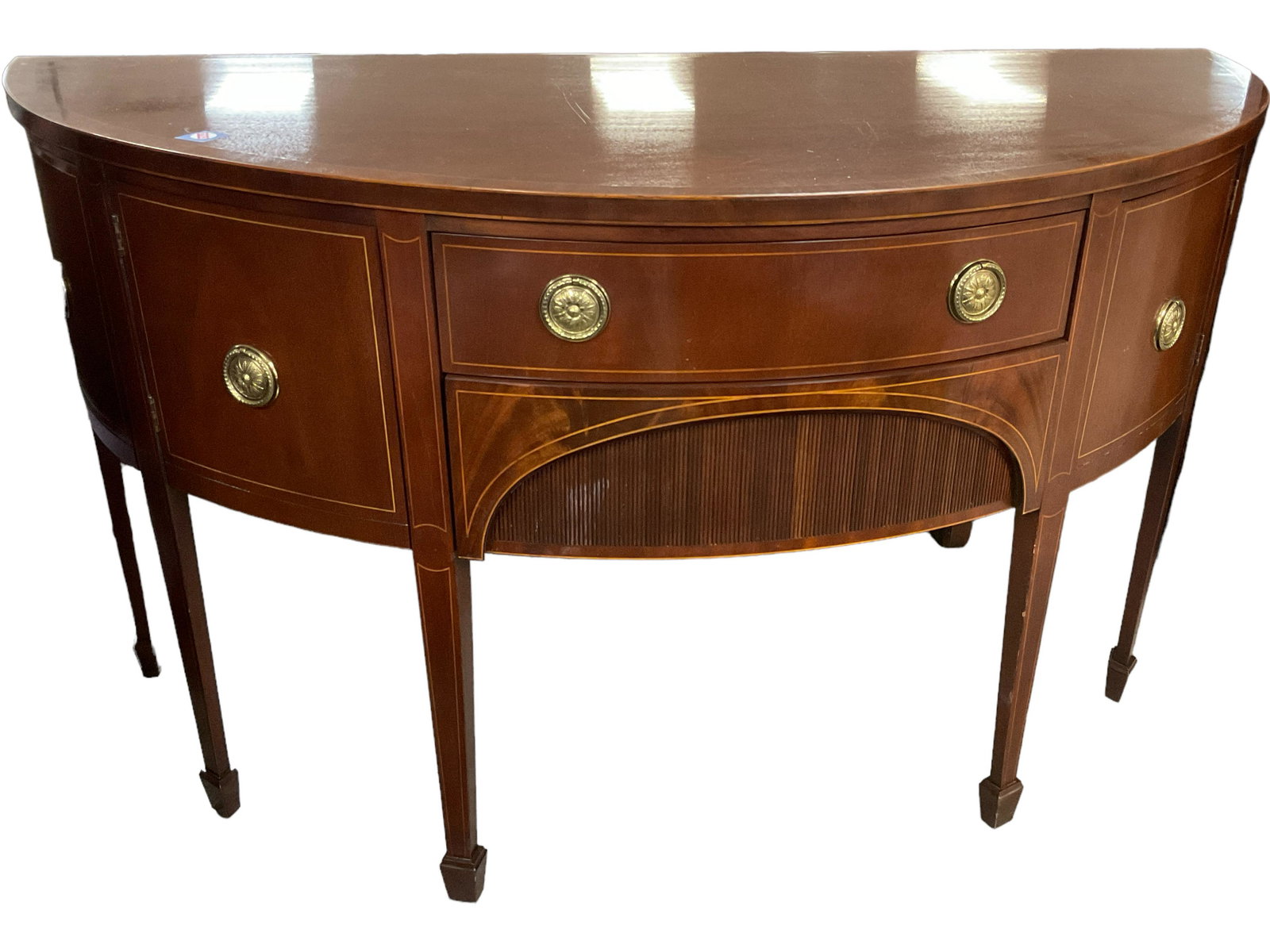 Baker Furniture demi-lune Hepplewhite server with string inlay and reeding, 66” x 27 1/2” (1 of 3)