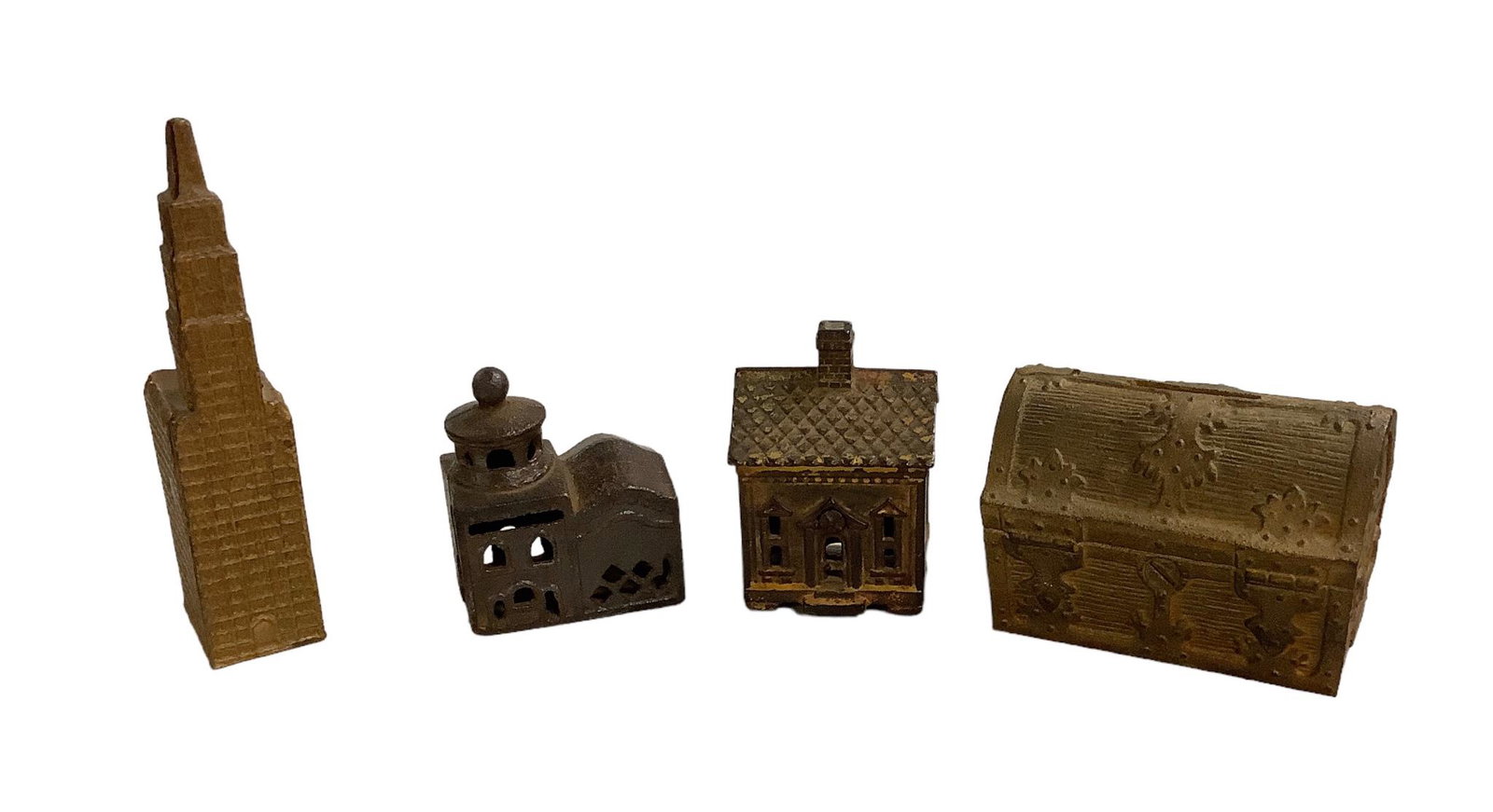 Lot of 4 Antique Cast Iron Still Banks. Woolworth building, a mosque, a house and a treasure chest. (1 of 2)
