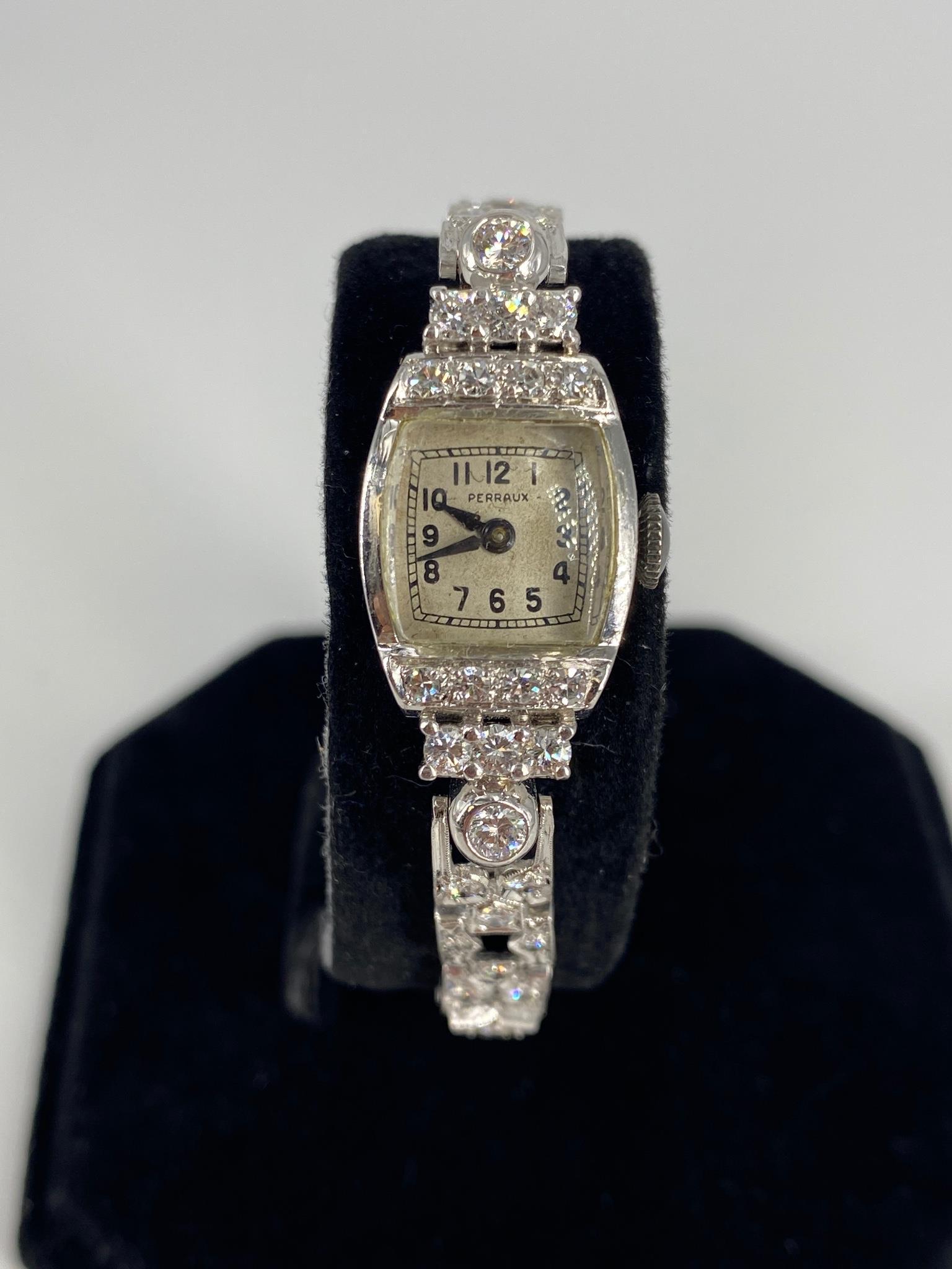 Vintage Perraux Tuxedo Style Ladies' Watch with Diamonds: Vintage Perraux Tuxedo Style Ladies' Watch with Diamonds Art Deco style. Winds and sets at time of listing but does not run. 17-jewels, unadjusted, Swiss made movement. 11.5mm dial width (off-white wi