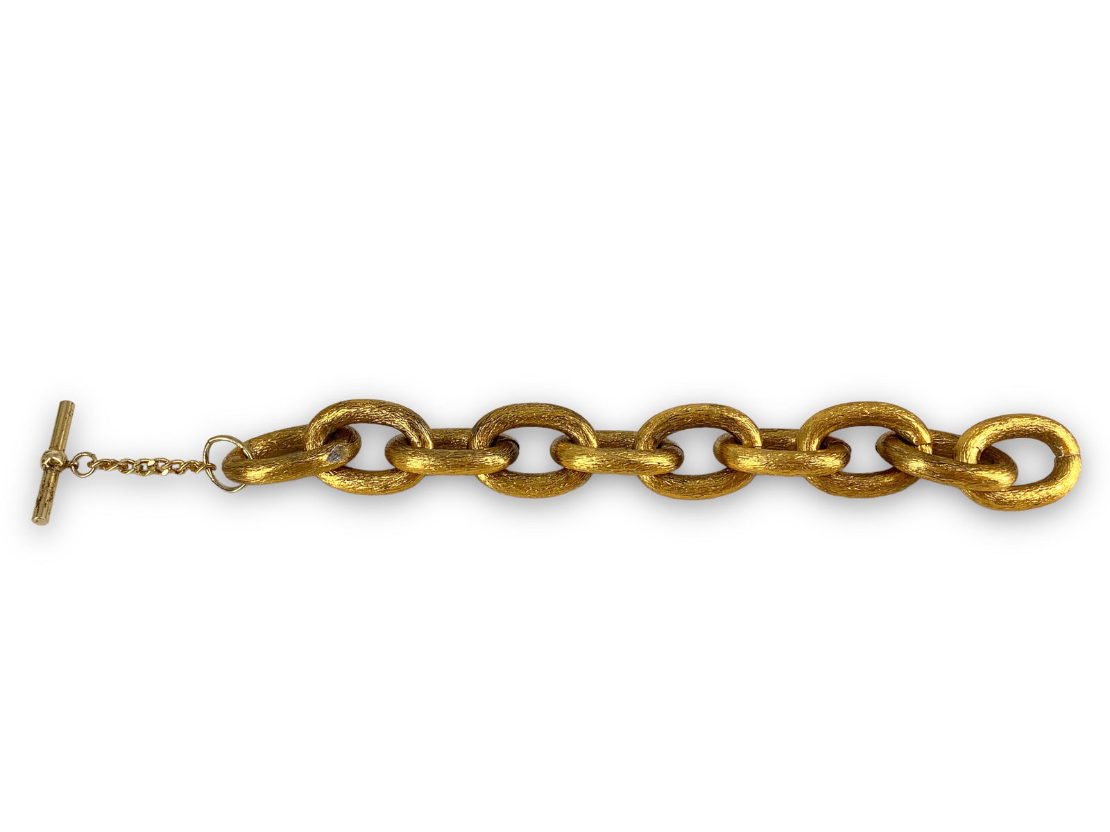 Amazing Gold Tone Bracelet: Amazing Gold Tone Bracelet Measuring 8.75” in lengt with oversized gold tone links, brushed finish, unknown maker, lightweight, perfect for layering.