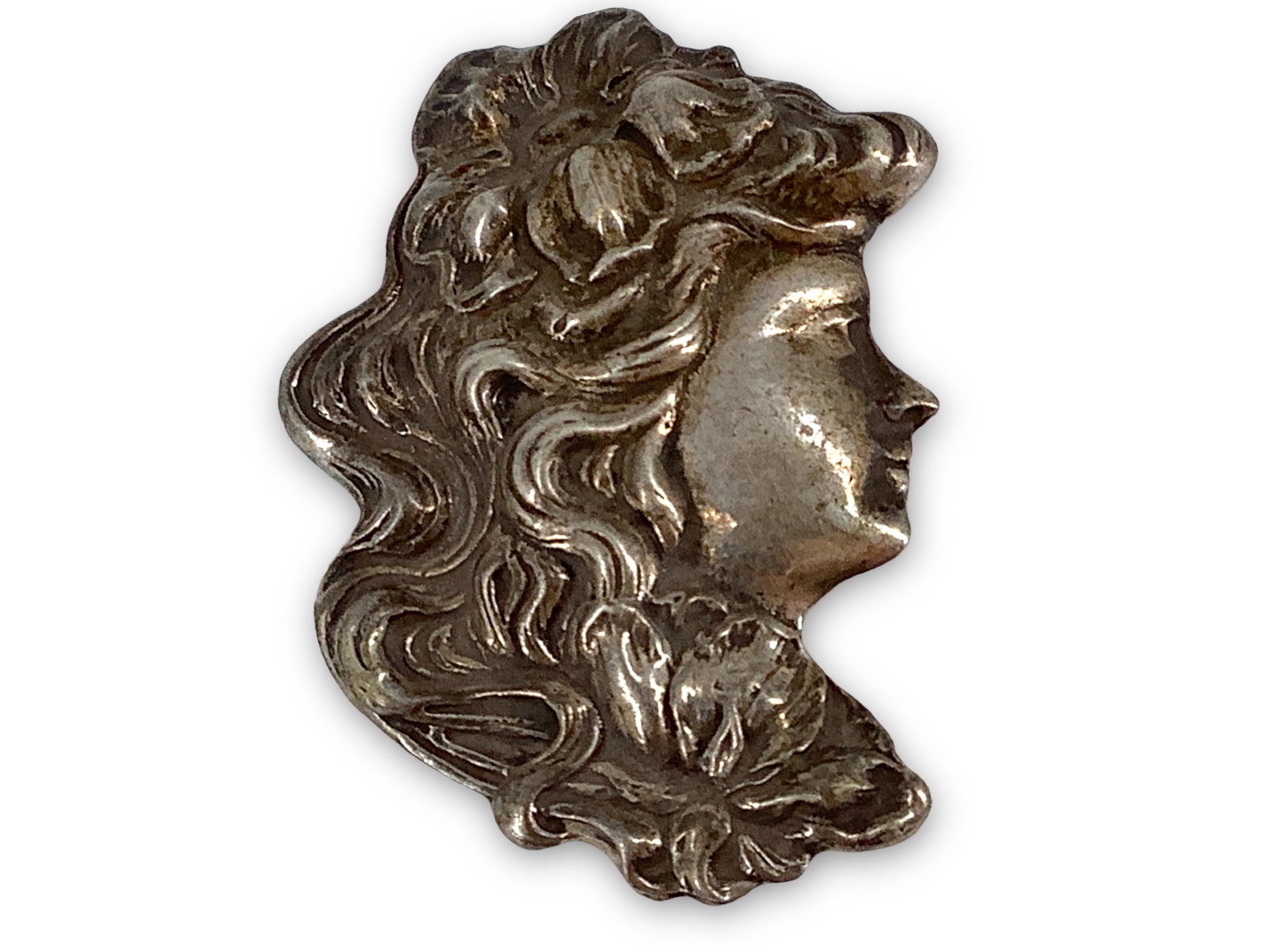 Sterling Silver Portrait Pin: Sterling Silver Portrait Pin Art Nouveau style, stamped and tested sterling silver/925, unsigned, 0.67 troy ounces total weight, 50.75mm in size.