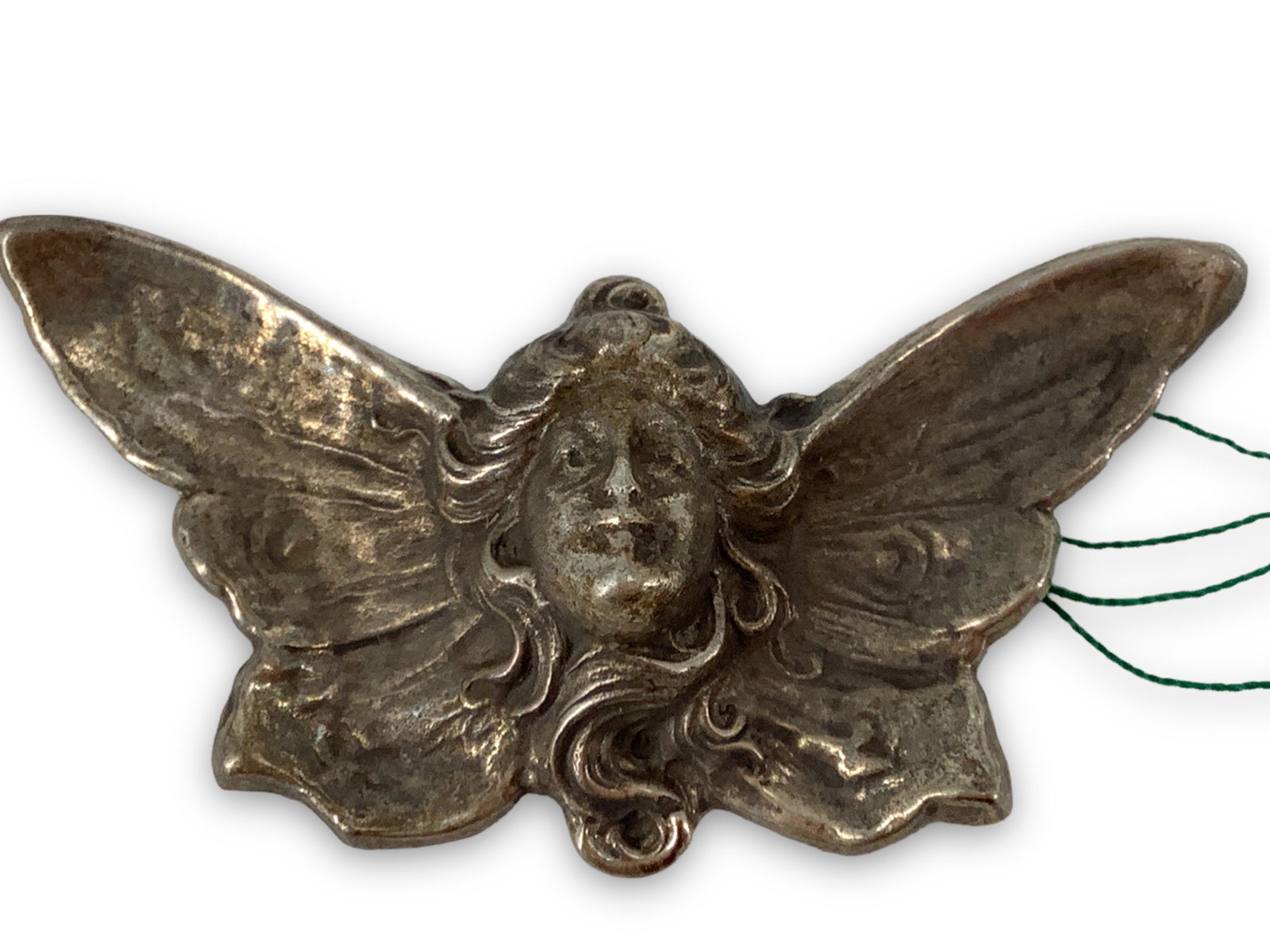 Sterling Silver Pin: Sterling Silver Pin Art Nouveau style with female depiction, stamped and tested sterling silver/925, 0.445 troy ounces total weight, measures 52.5mm in size. Semi-polished metal finish, unsigned.