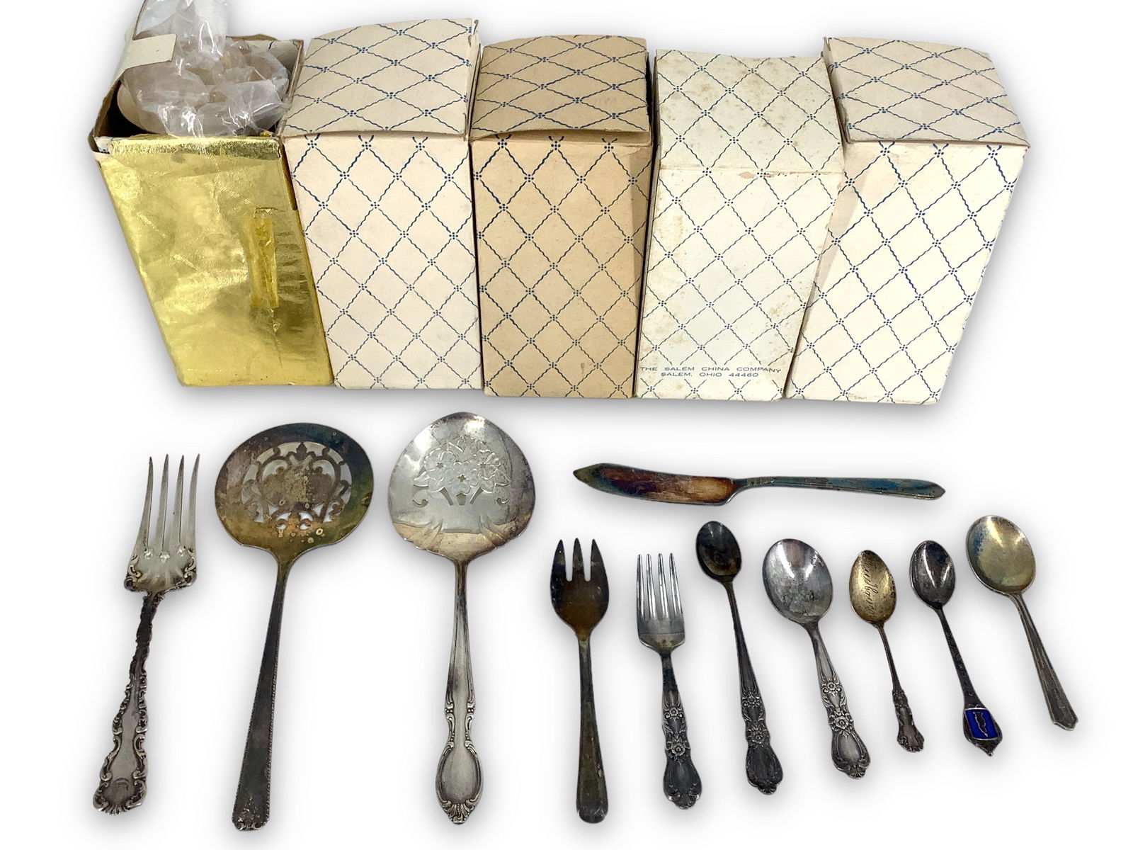 Silver Plate and Sterling Housewares: Silver Plate and Sterling Housewares Five boxed silver plate goblets from Salem measuring approx. 5.75" in height (polished metal finish), assorted flatware and serveware items including Rogers Bros.
