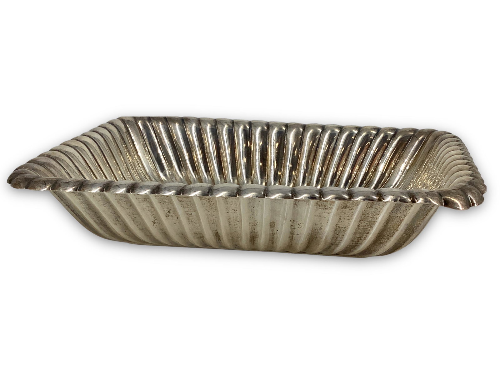 Sterling Silver Tray: Sterling Silver Tray Stamped and tested, numbered X303F, 9" x 6.75" in size, 11.575 troy ounces total weight. Ridged bowl design.