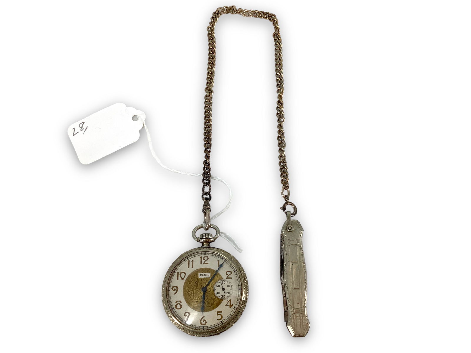 Rare Art Deco Elgin Pocket Watch on Chain with Folding Knife (1 of 7)