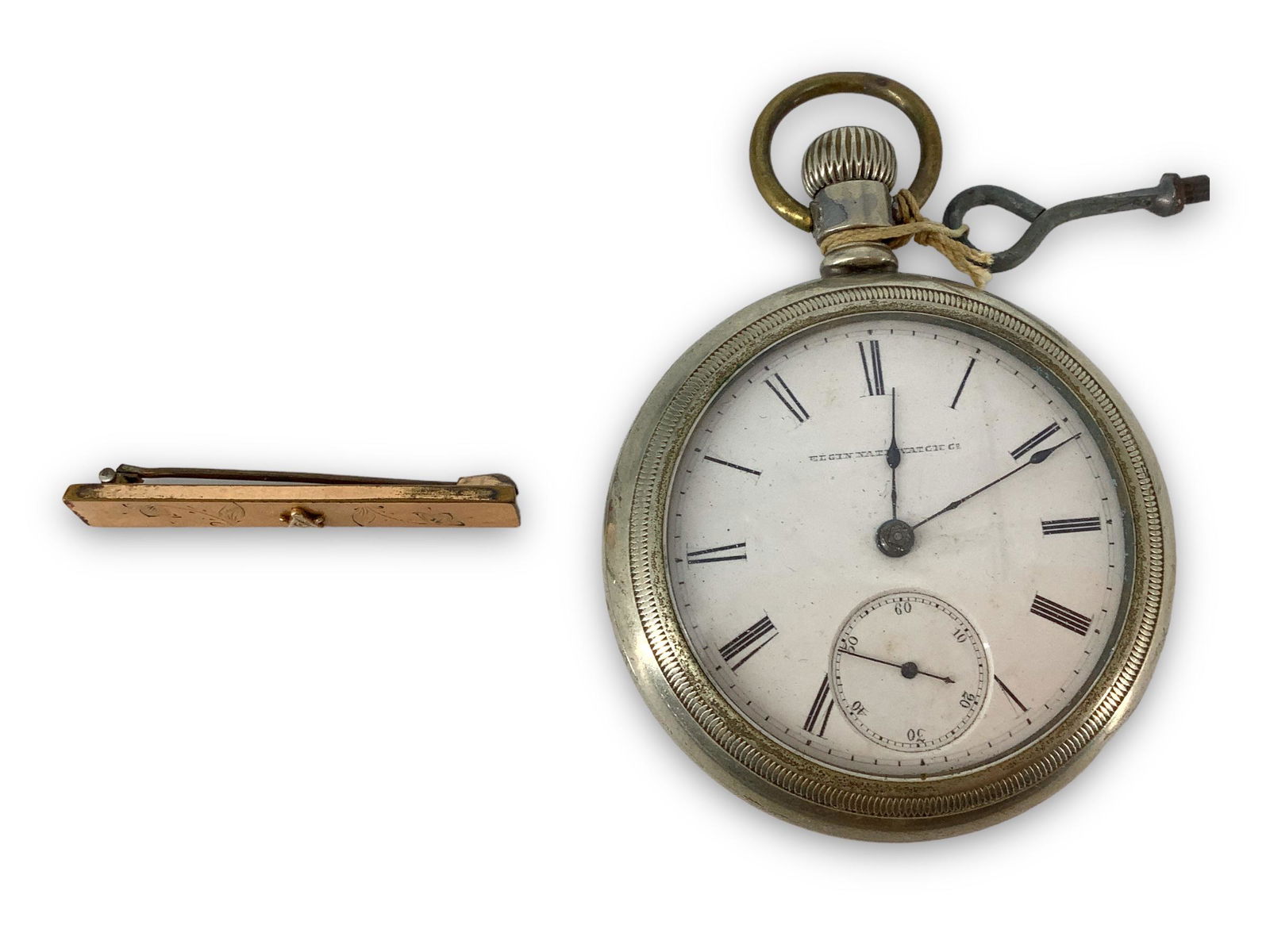 One Vintage Elgin Pocket Watch & One Antique Freemason Bar Pin (1 of 8)
