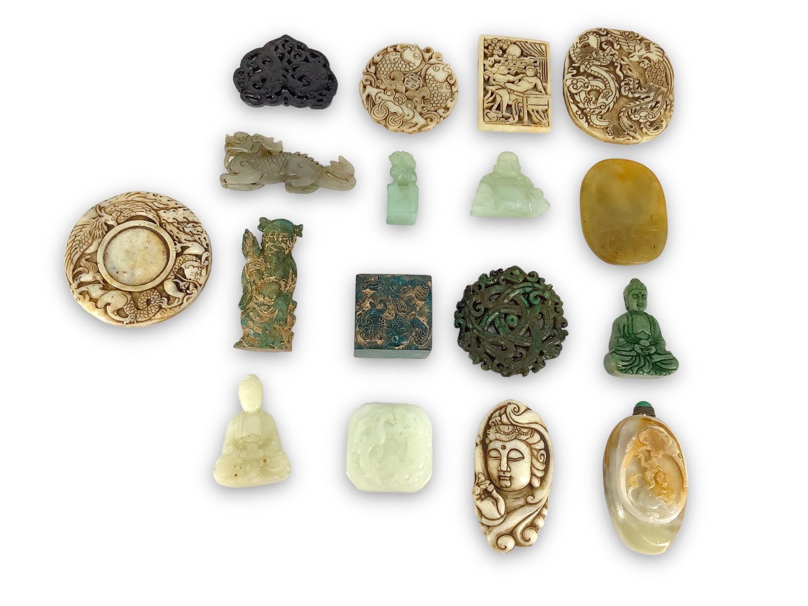 Hardstone Accessories: Hardstone Accessories Seventeen pieces in total measuring up to 3.75", stones including jade. Figurines, pendants, decorative objects and more.