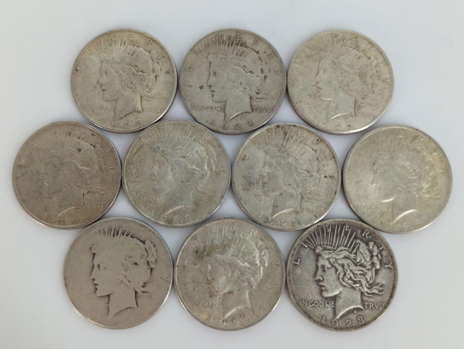 Ten U.S. Silver Peace Dollar Coins (1 of 8)