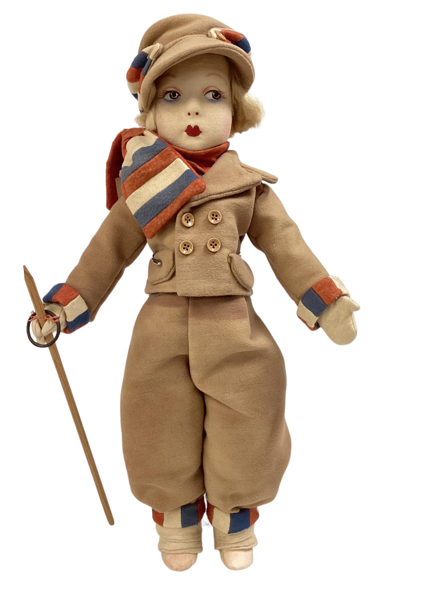 Lenci-type wool felt skier. 16" doll with mohair wig, molded and painted facial features, side (1 of 3)