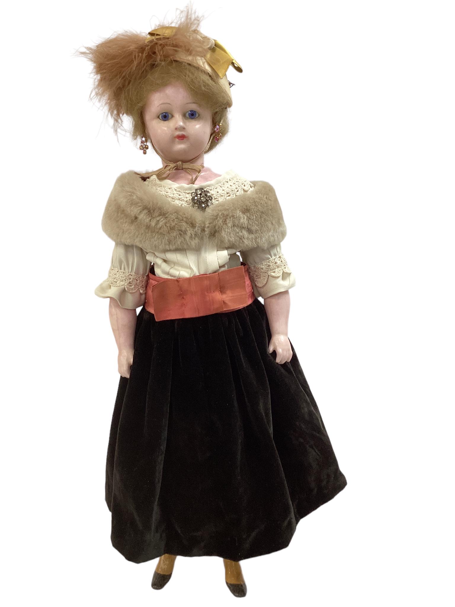 Early Wax over Mache lady. 20" doll with cup and saucer head and shoulderplate, mohair wig, (1 of 4)