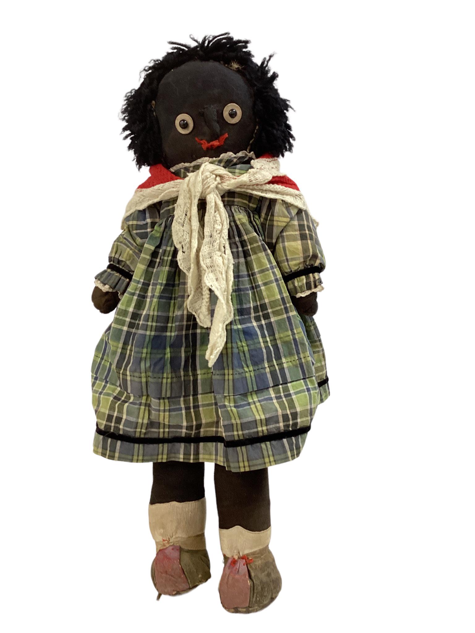 22" early 1900's handmade doll stuffed with straw, with yarn hair, button eyes, stuffed nose and (1 of 4)