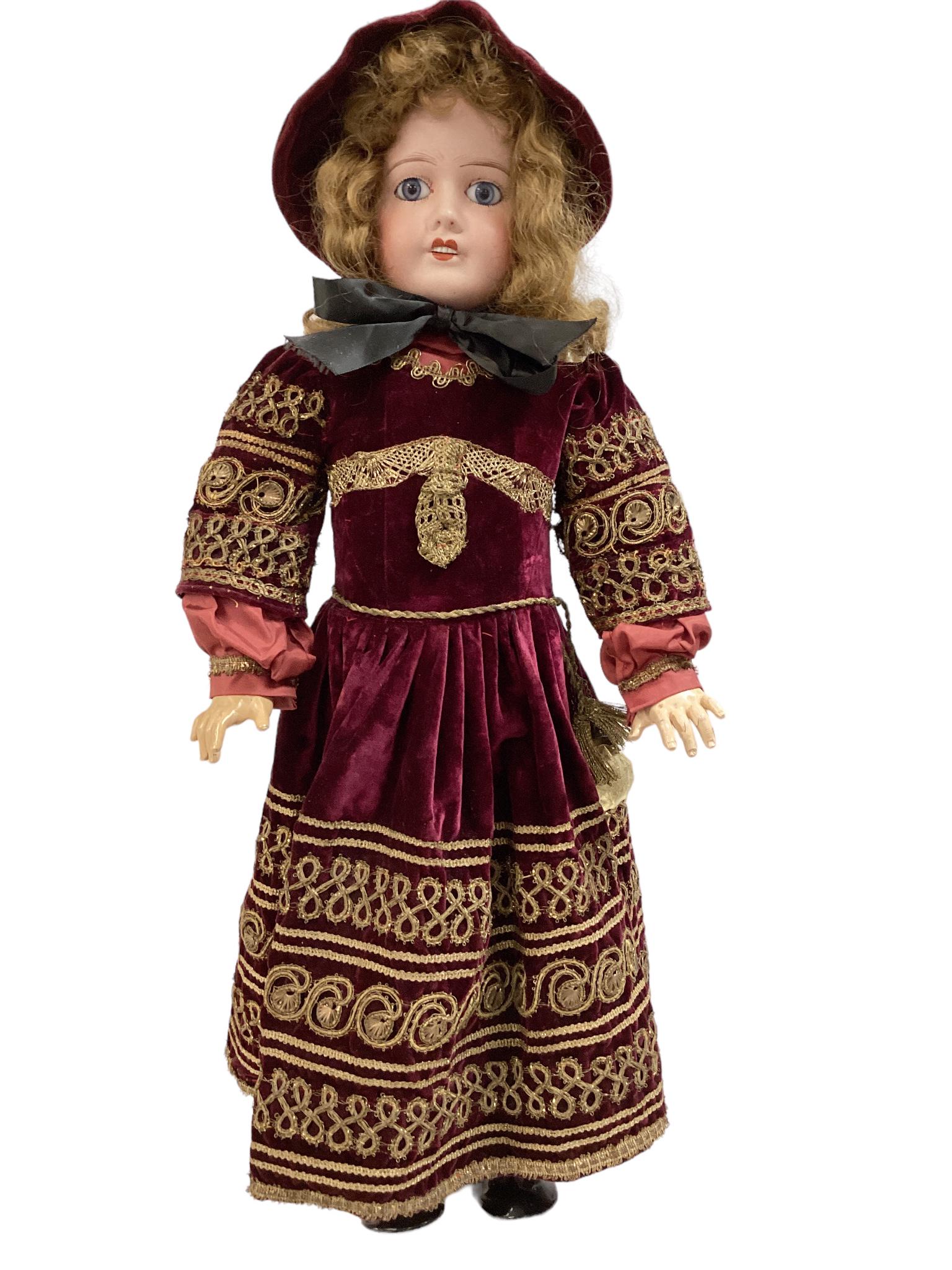 Limoges bisque socket head lady. Marked as shown, 30" doll with synthetic wig, stationary glass: Limoges bisque socket head lady. Marked as shown, 30" doll with synthetic wig, stationary glass eyes, pierced ears, open mouth with molded teeth, on jointed composition body. Doll has typical rough bi