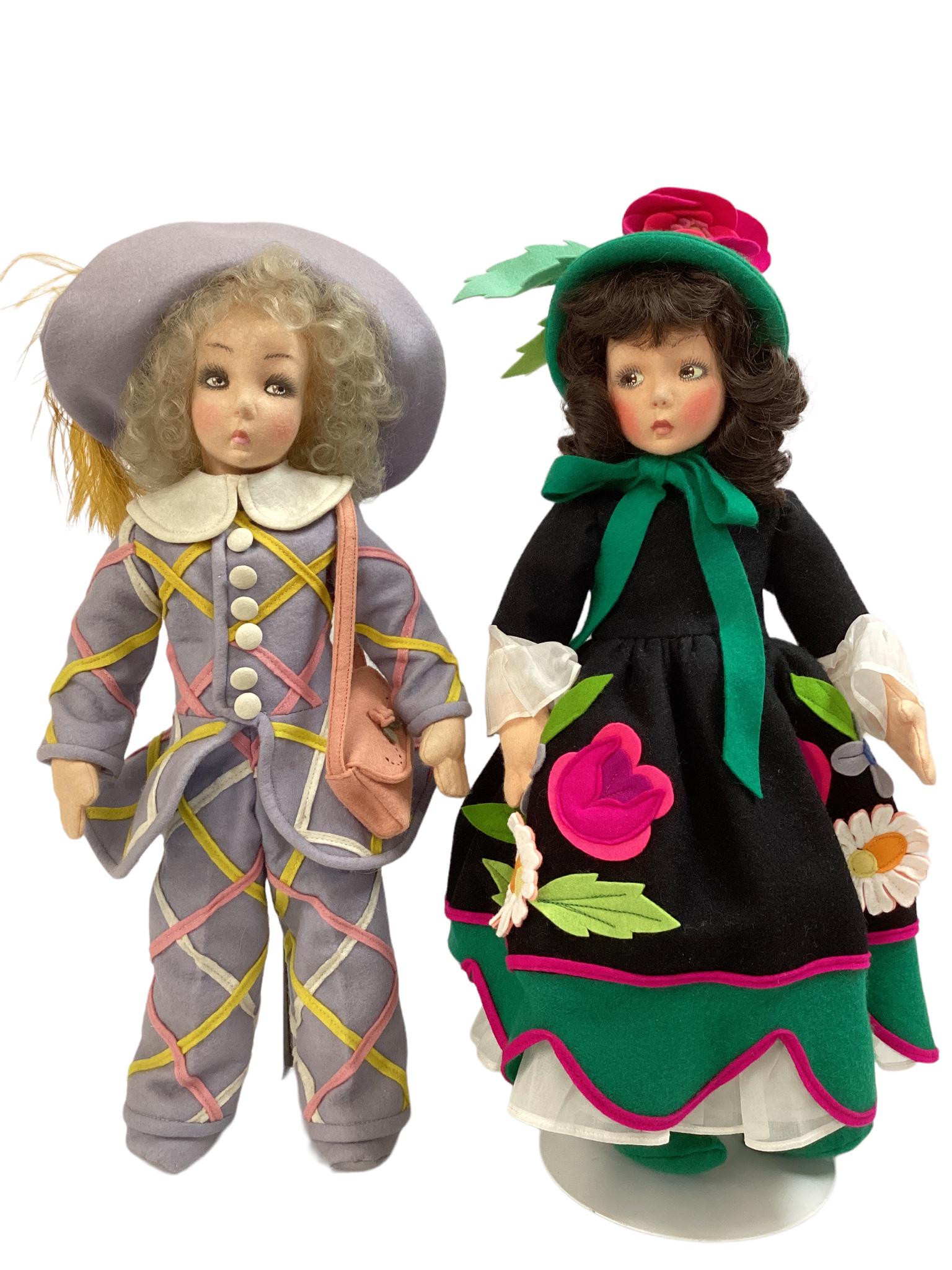 A pair of 17 1/2" & 18" Anili cloth dolls, dressed in felt and organdy, tagged. (1 of 4)
