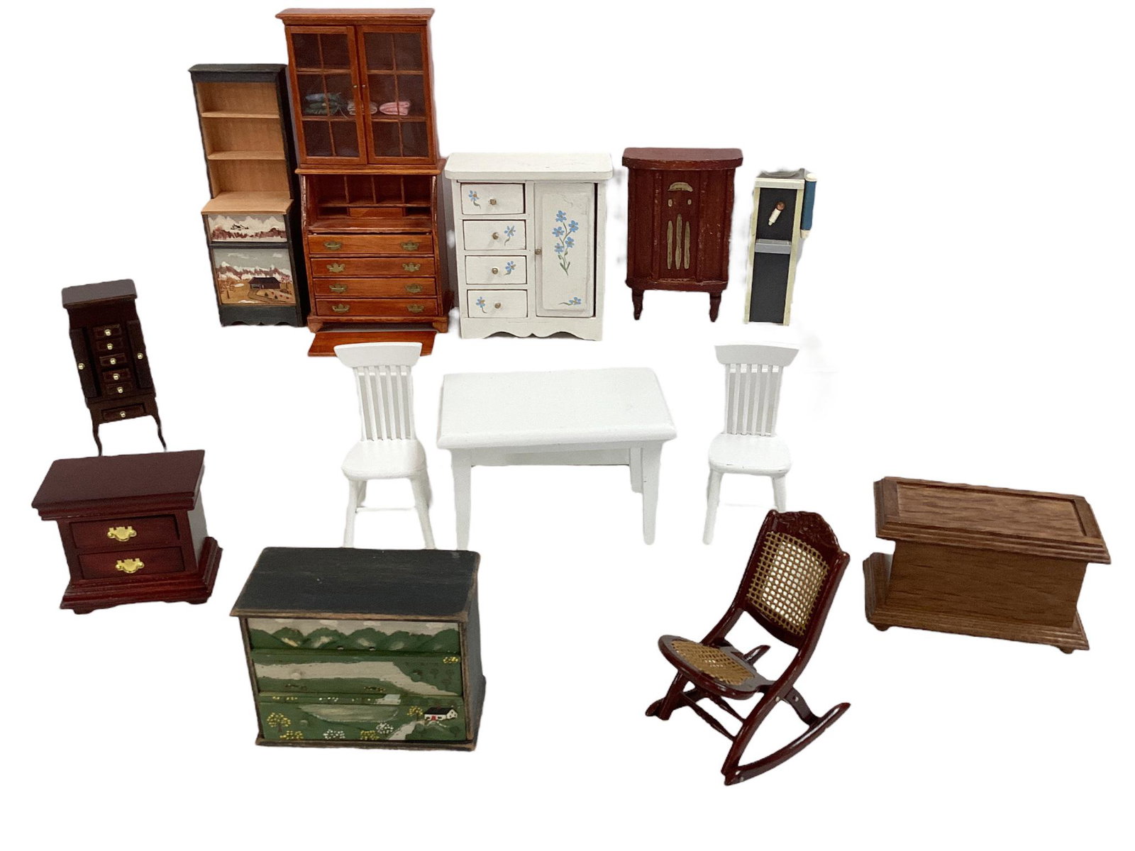 (13) pieces of wood doll house furniture. The desk on the secretary is broken.: (13) pieces of wood doll house furniture. The desk on the secretary is broken.