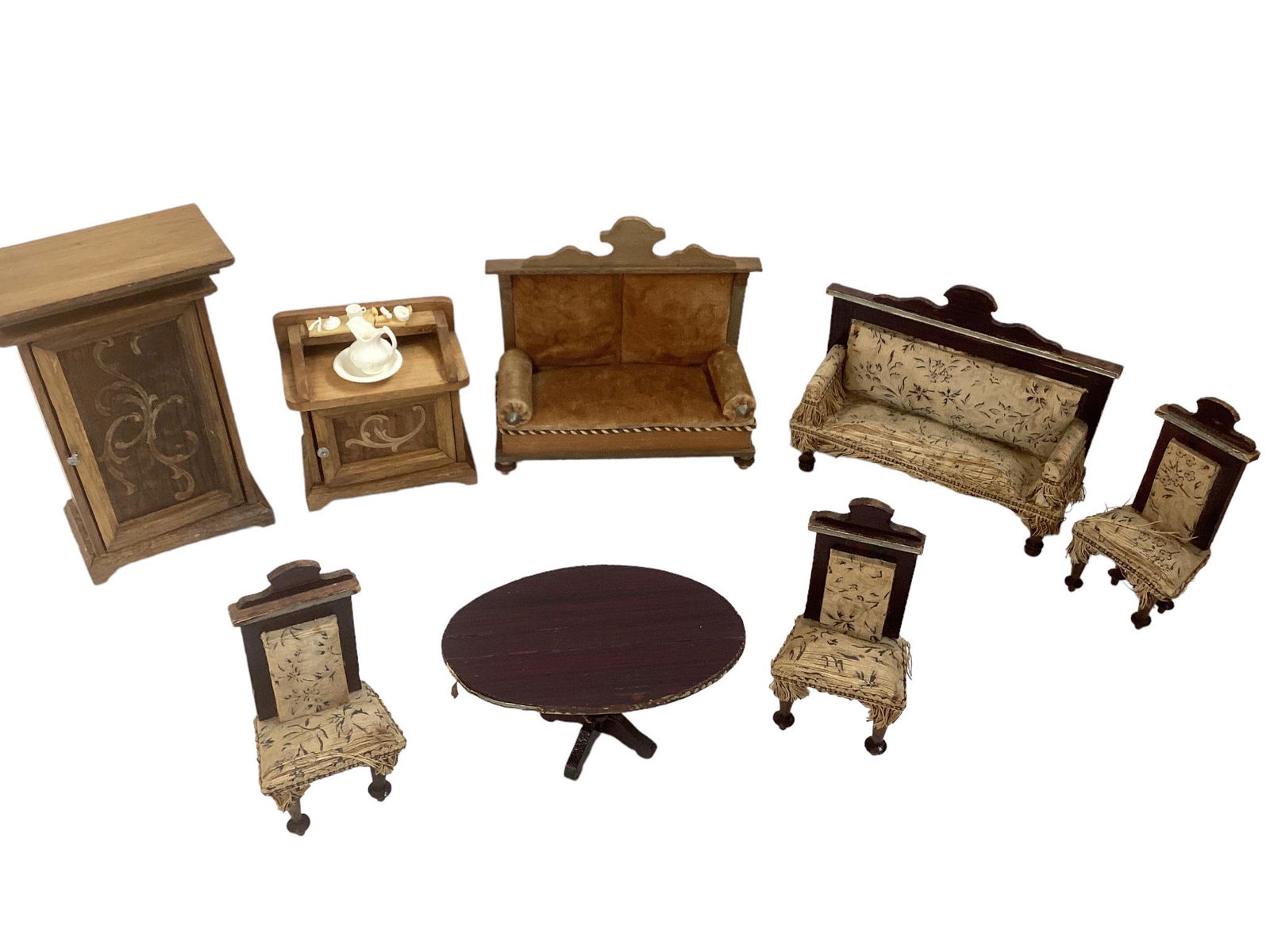 (8) pieces of wood doll house furniture, 2 of the chairs legs appear to be glued back on. (1 of 2)