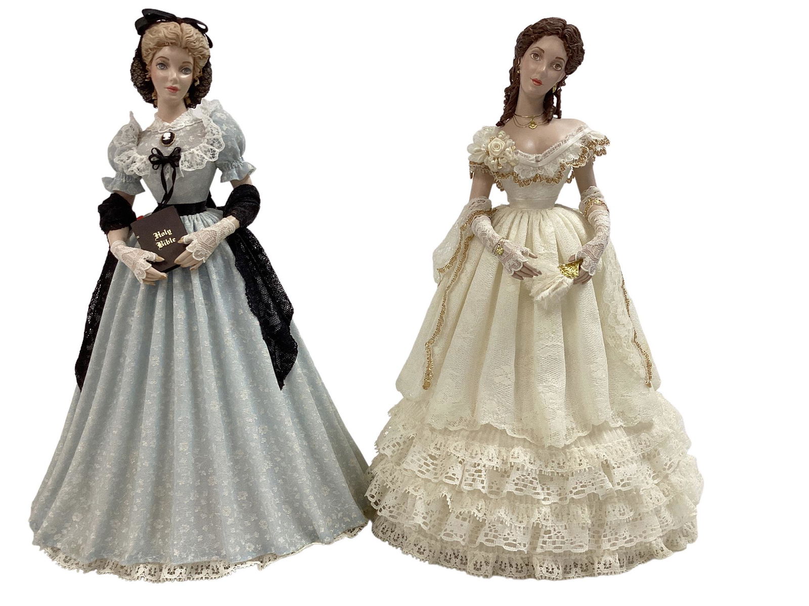(2) fashion doll figures by artist Jamalea Corrre. Includes 10 1/2" "Virginia" in pale blue gown, (1 of 4)