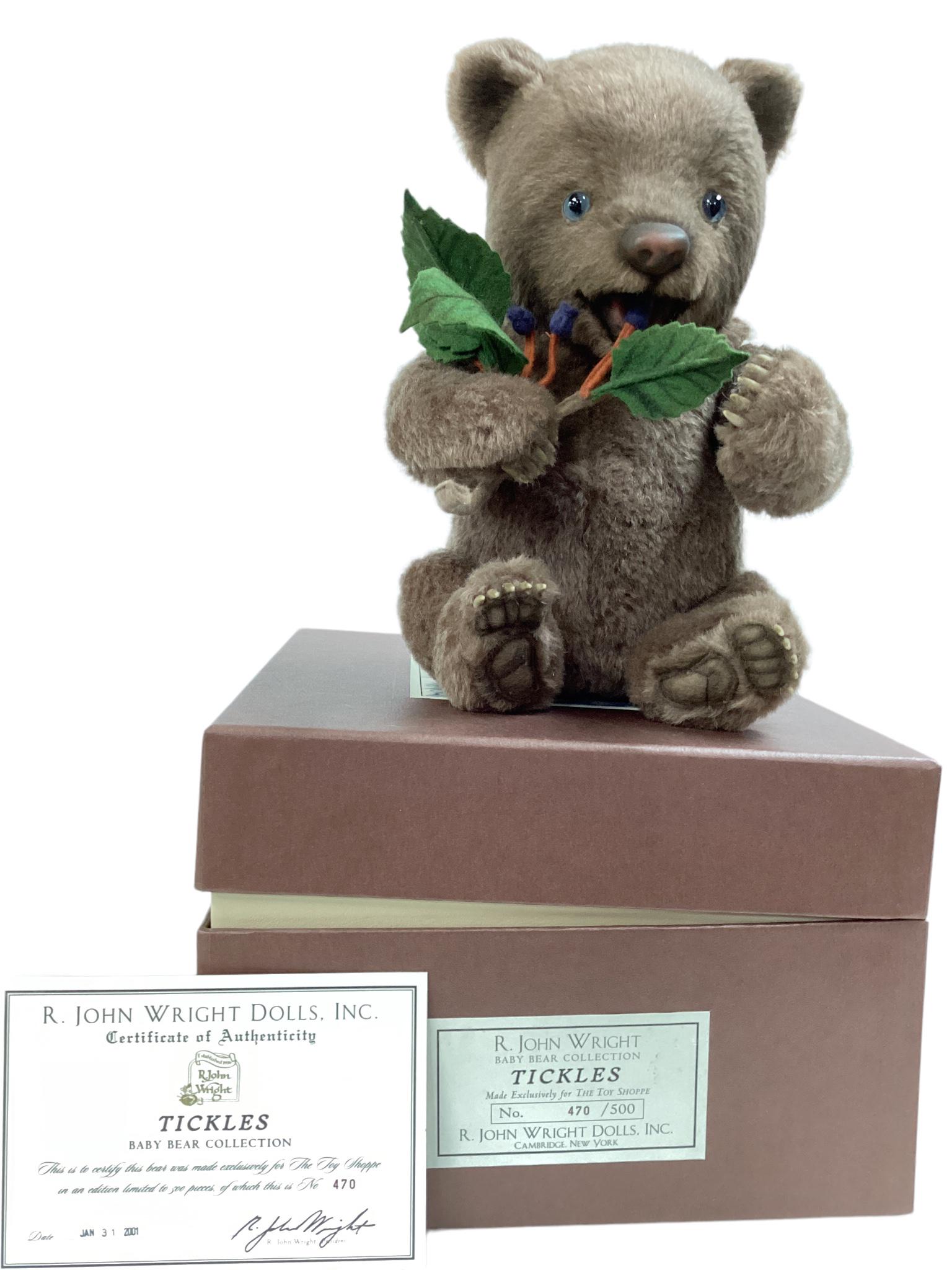 R. John Wright 12" fully jointed, plush mohair, blue glass eyes, leather nose, felt paw pads, resin: R. John Wright 12" fully jointed, plush mohair, blue glass eyes, leather nose, felt paw pads, resin claws and holds branch of felt blueberries (2000). Limited edition 470/500, one of five pieces in th