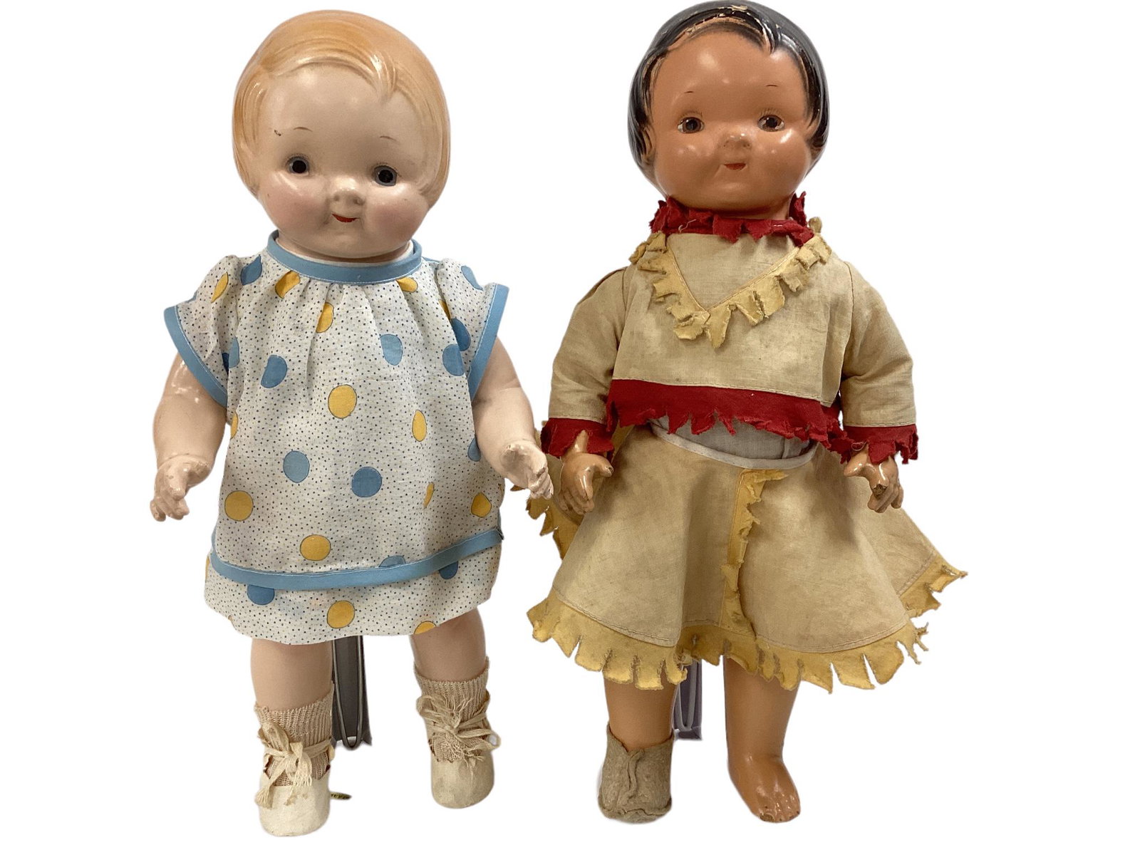 A pair of 14" Horsman "Peterkin" composition dolls with composition with 4-jointed limbs and cloth (1 of 4)