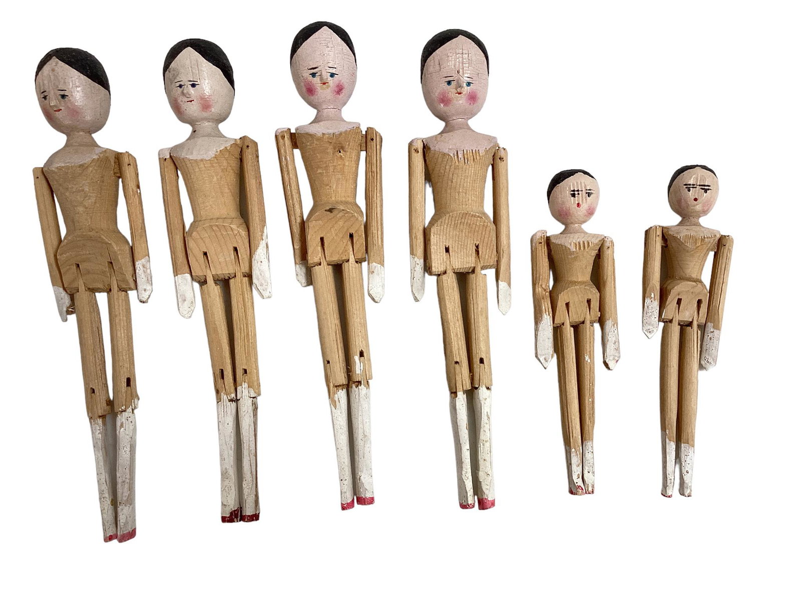 (6) Penny wooden dolls, 6-3/4î to 10î. Paint rough & thin, with some crazing.: (6) Penny wooden dolls, 6-3/4î to 10î. Paint rough & thin, with some crazing.